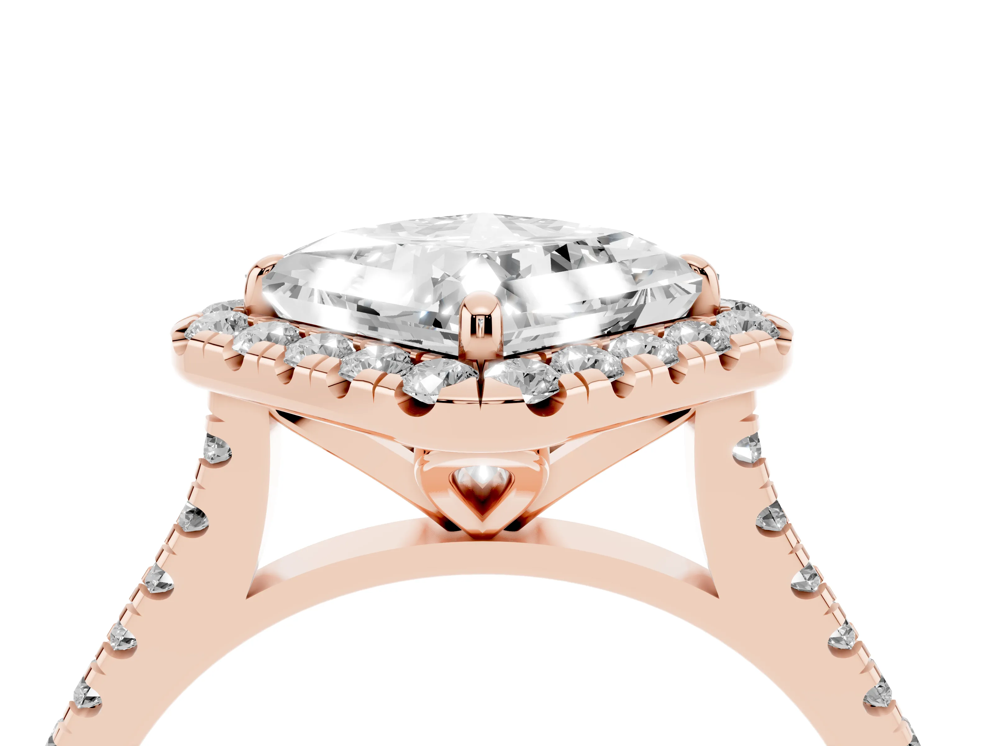 Princess Cut Diamond Cushion Halo Ring Set in Rose gold with Pavé Band