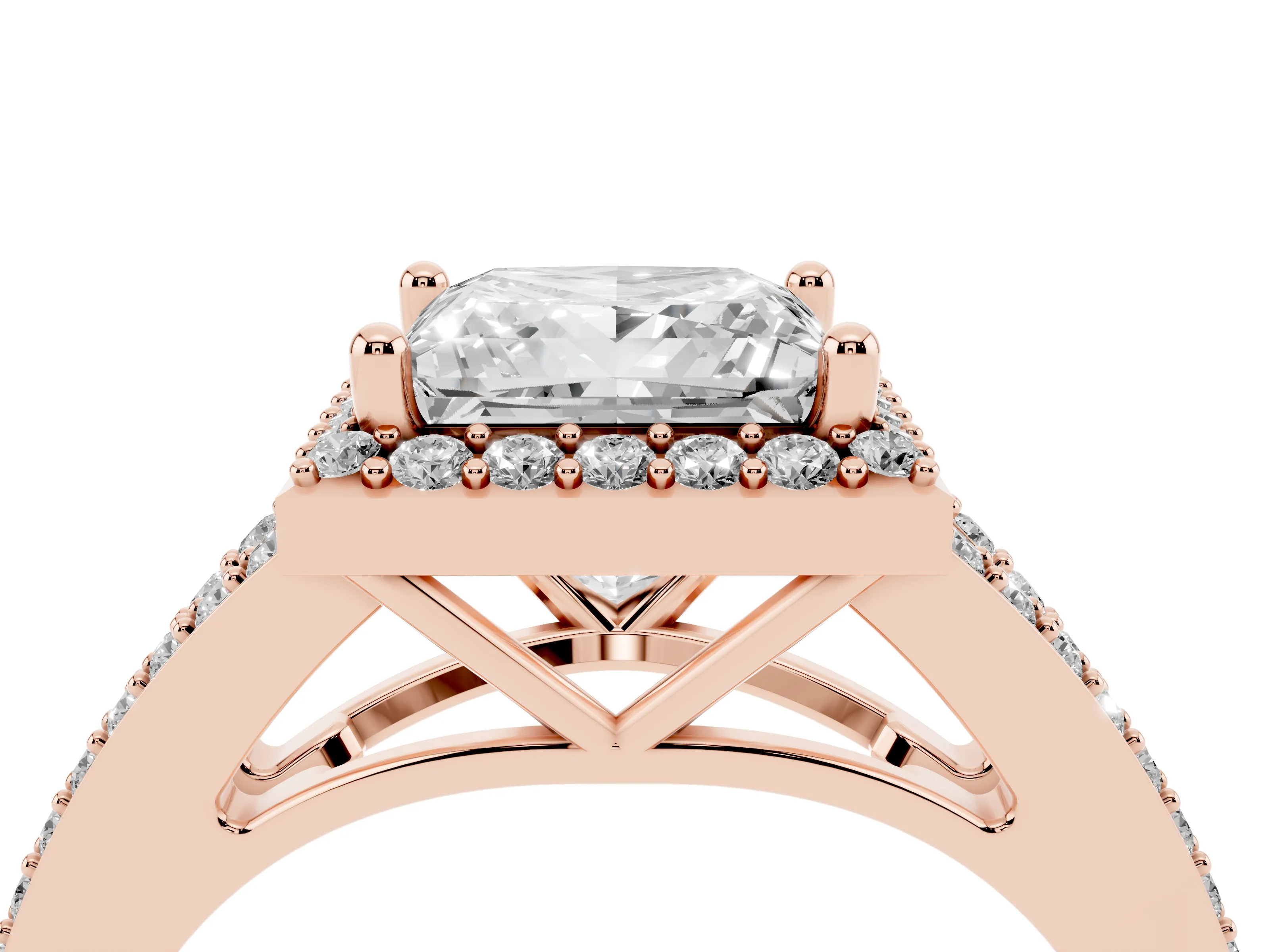 Princess Cut Diamond Halo Split Shank Pavé Ring Set in Rose gold with Prong Setting