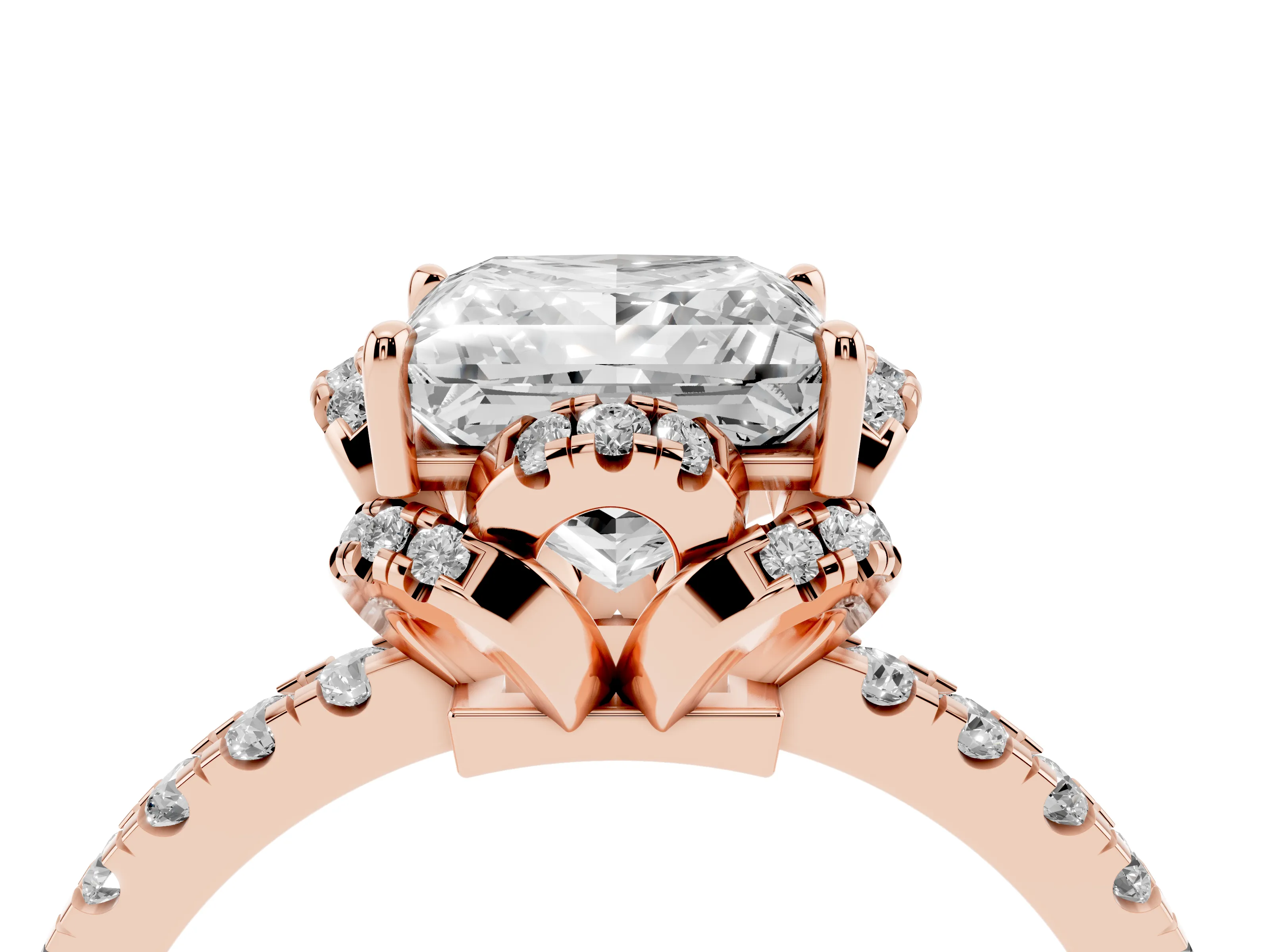 Princess Cut Diamond Halo Pavé Band Ring Set in Rose gold with Prong-Held Center