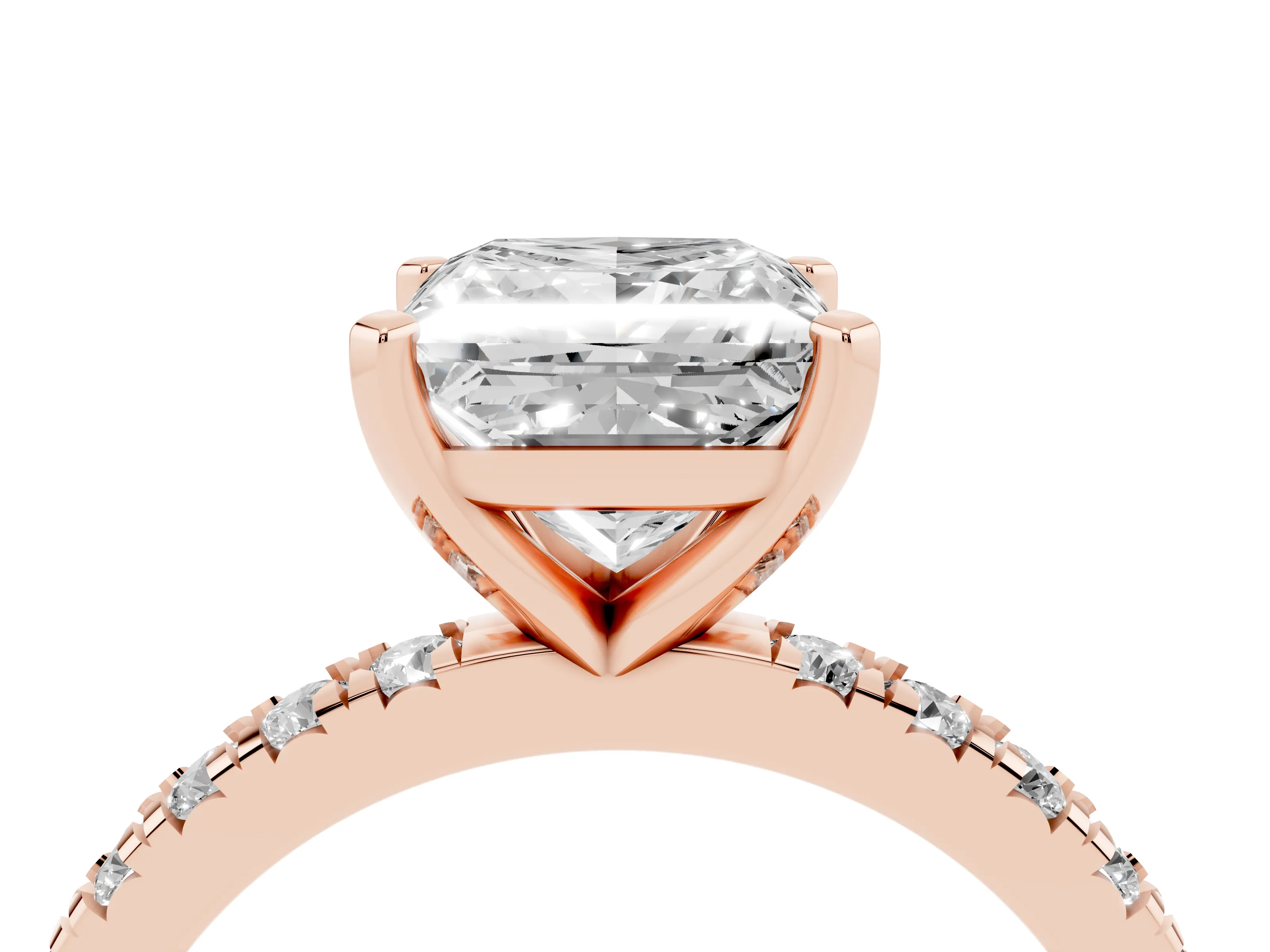 Princess Cut Diamond Pavé Band Solitaire Set in Rose gold with Prong Setting