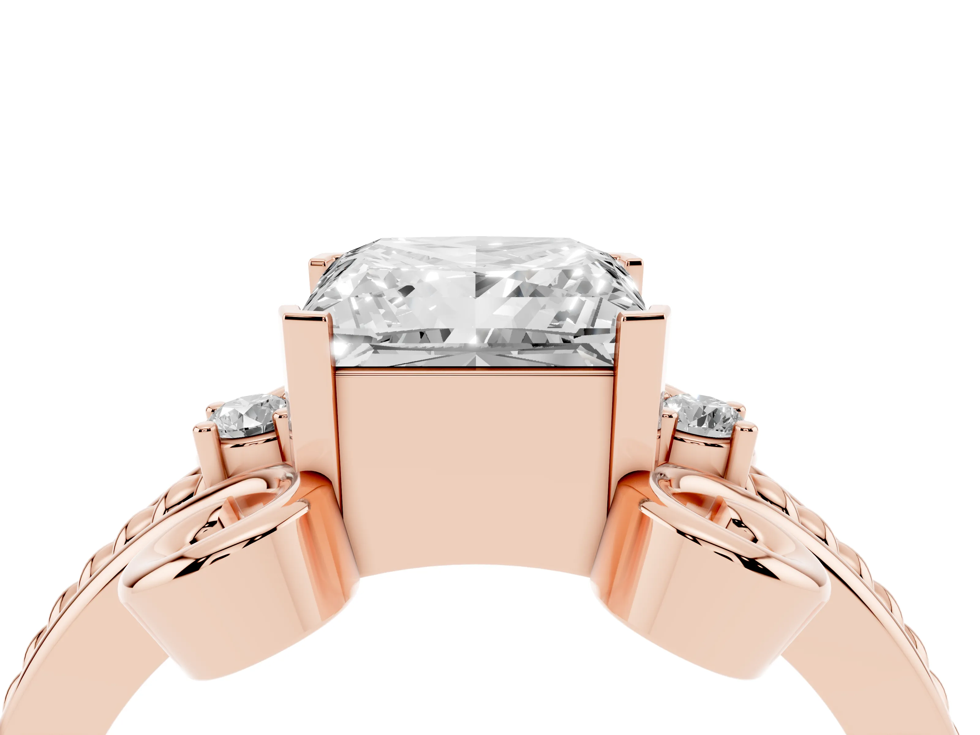 Princess Cut Diamond Twisted Band Solitaire Ring Set in Rose gold with Scroll Prongs