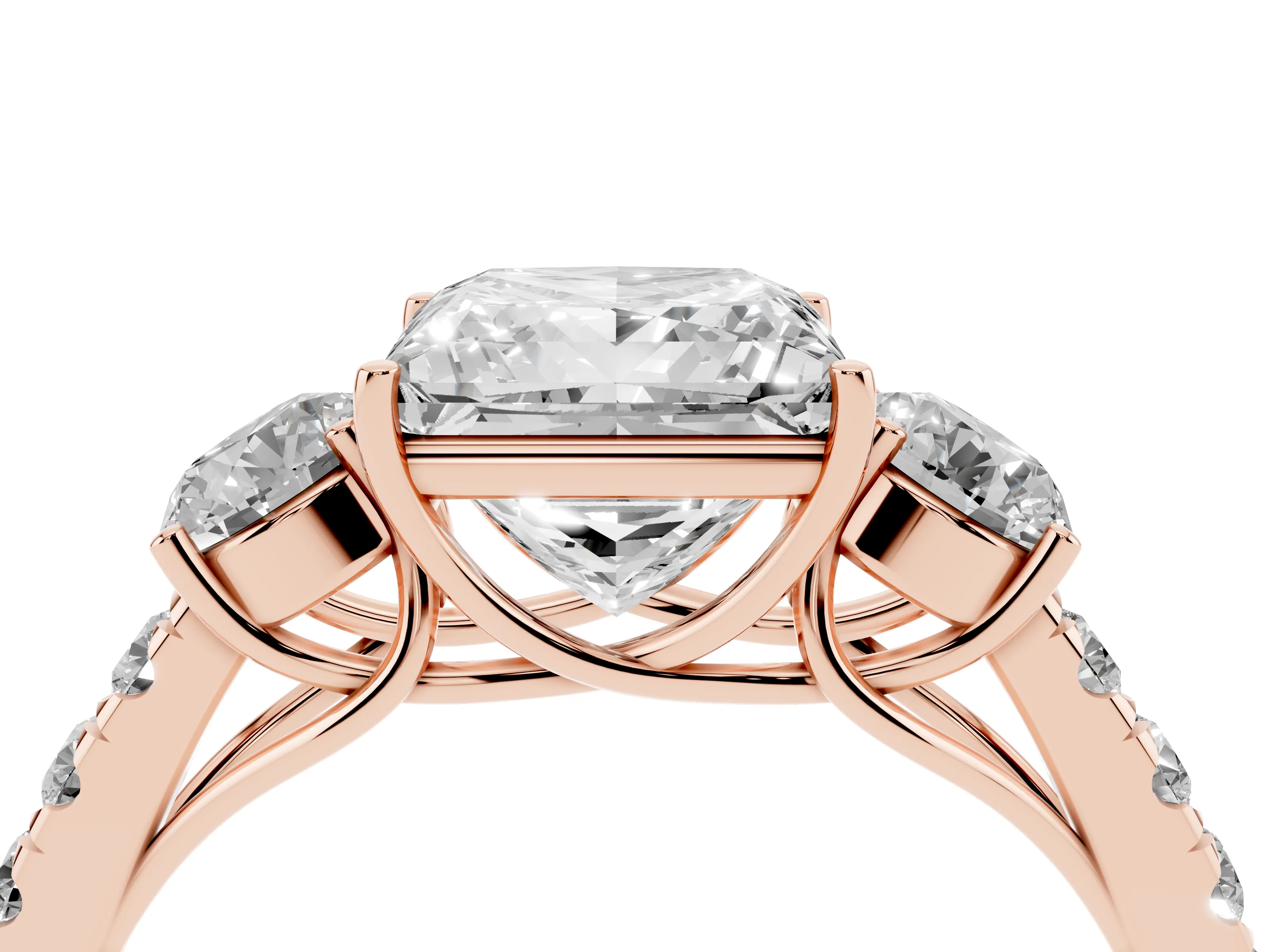 Princess Cut Diamond Three-Stone Ring Set in Rose gold with Round Side Stones and Delicate Pavé Band