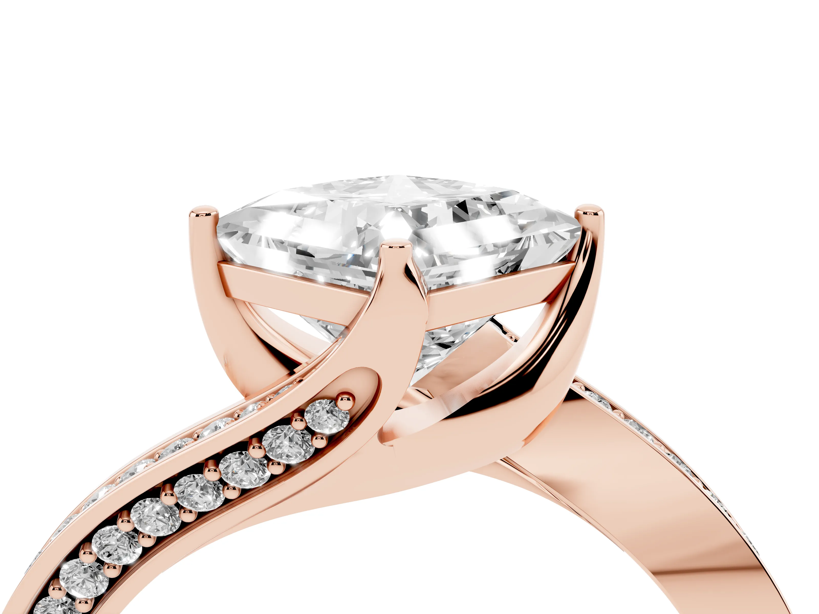 Princess Cut Diamond Solitaire Ring Set in Rose gold with Intertwined Pavé Twist Band