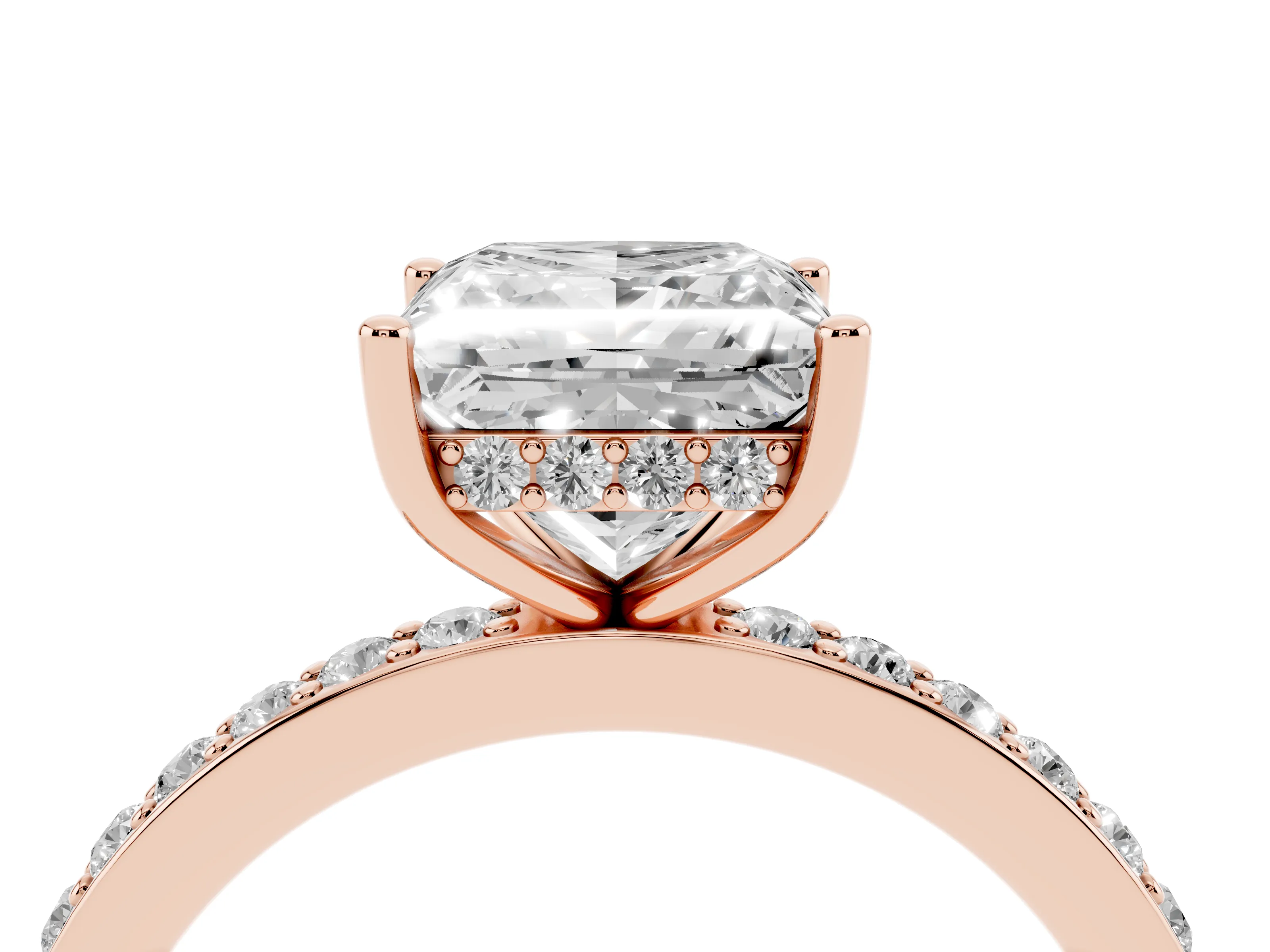 Princess Cut Diamond Pavé Band Ring Set in Rose gold with Prong-Set Center Stone