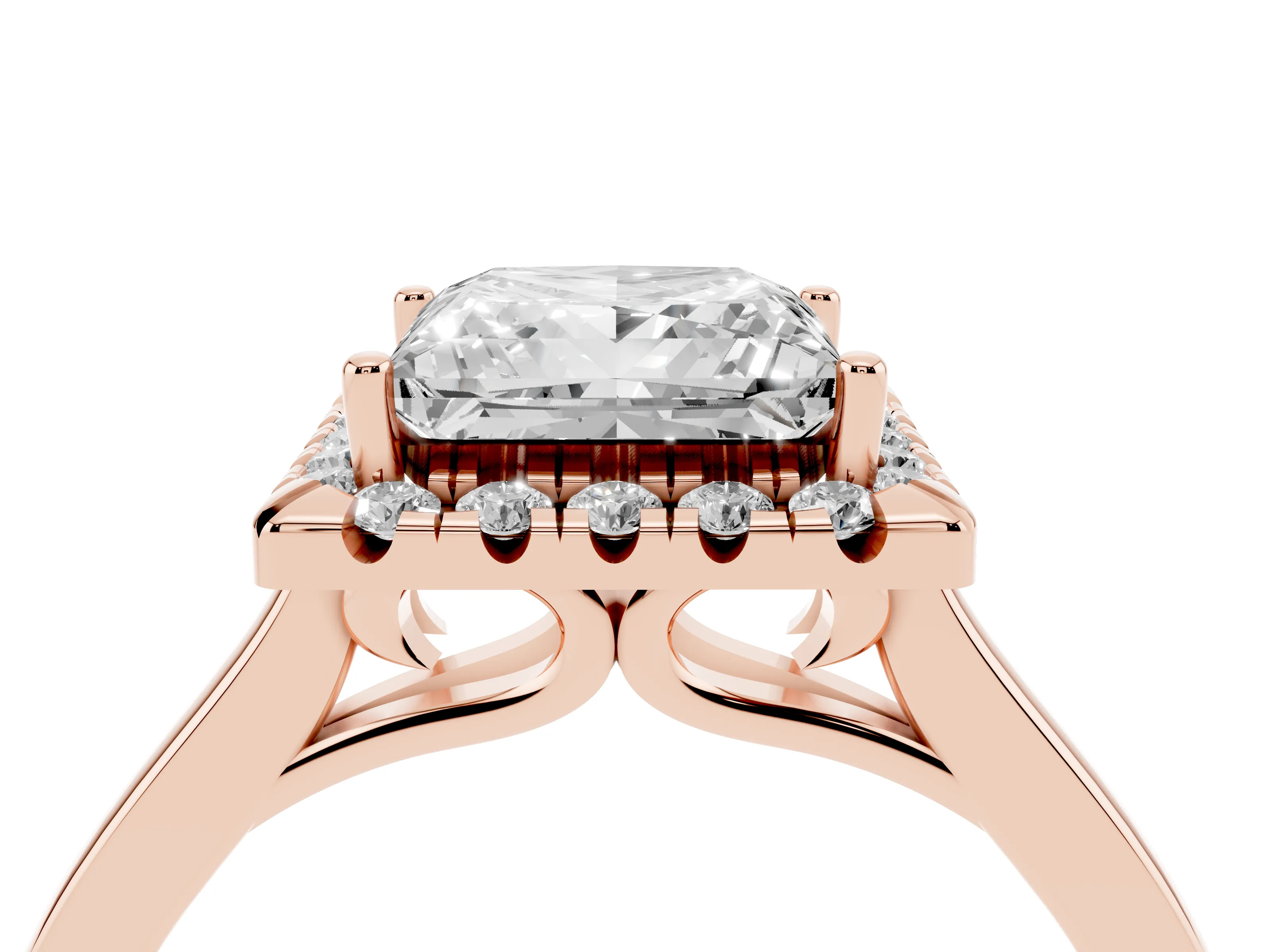 Princess Cut Halo Round Diamond Solitaire Ring Set in Rose gold with Pavé Band and Prong Setting