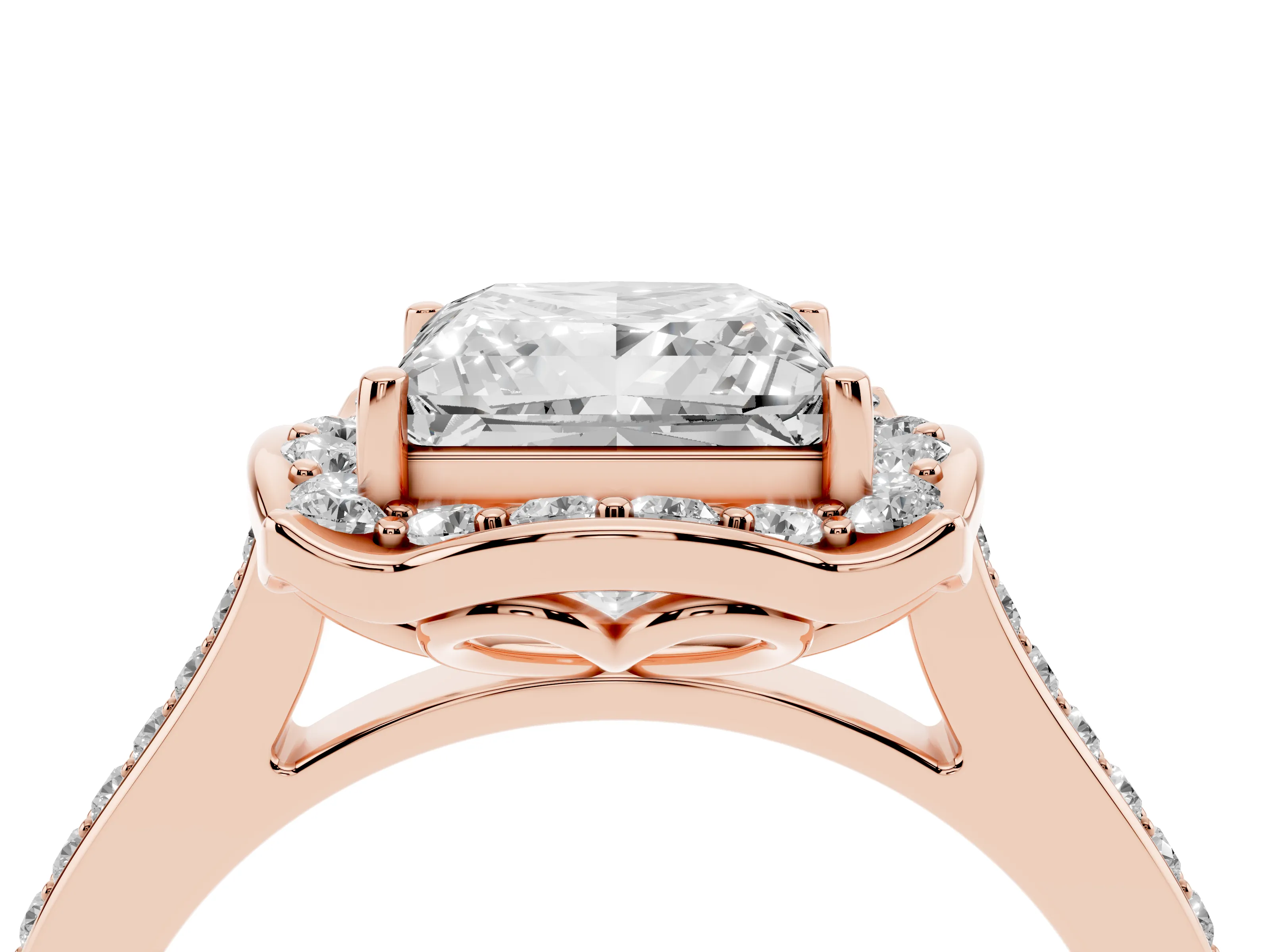 Princess Cut Diamond Halo Ring Set in Rose gold with Pavé-Lined Shoulders and Prong Setting