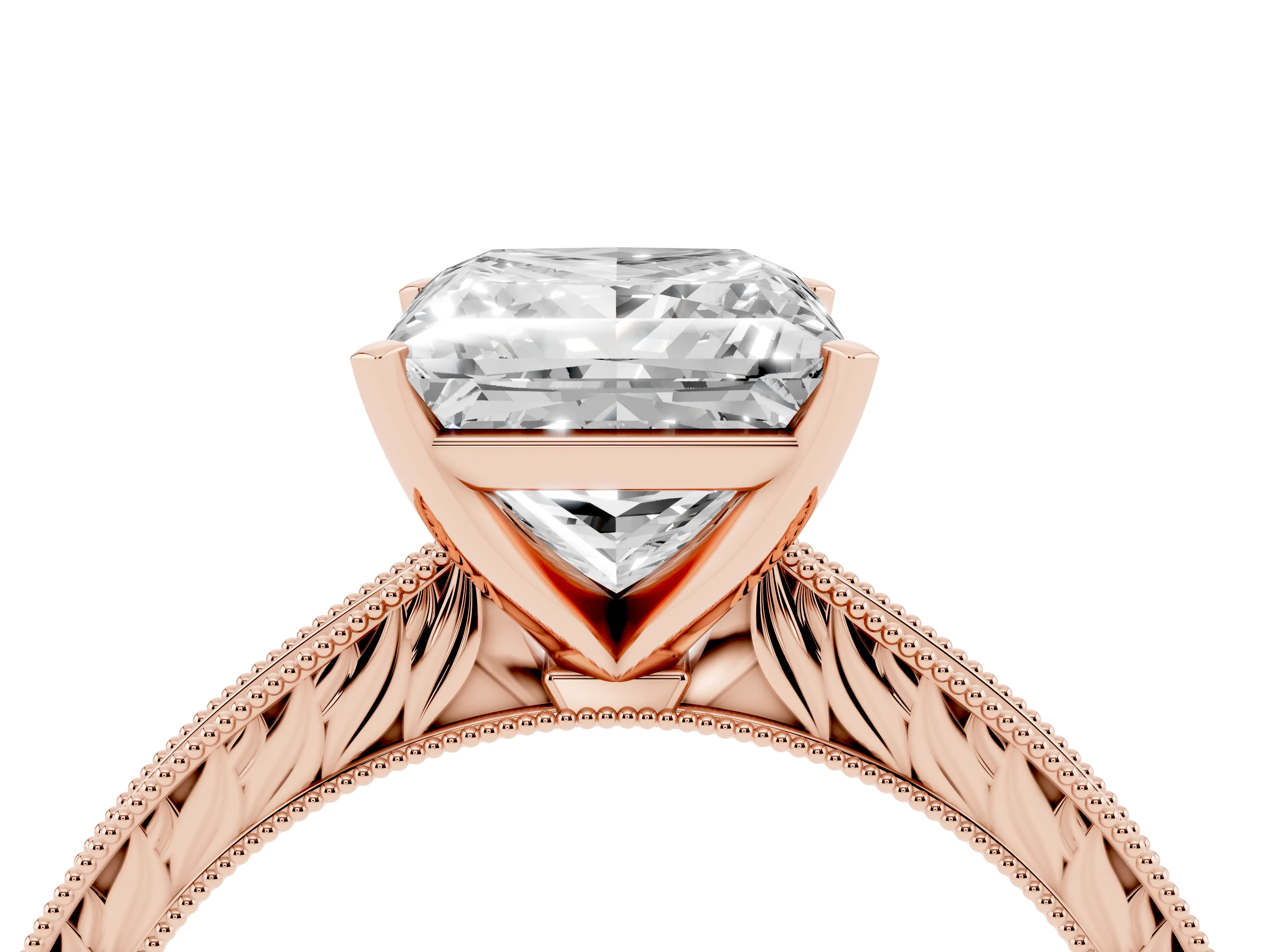 Princess Cut Diamond Solitaire Milgrain Engraved Band Set in Rose gold with Prong Setting