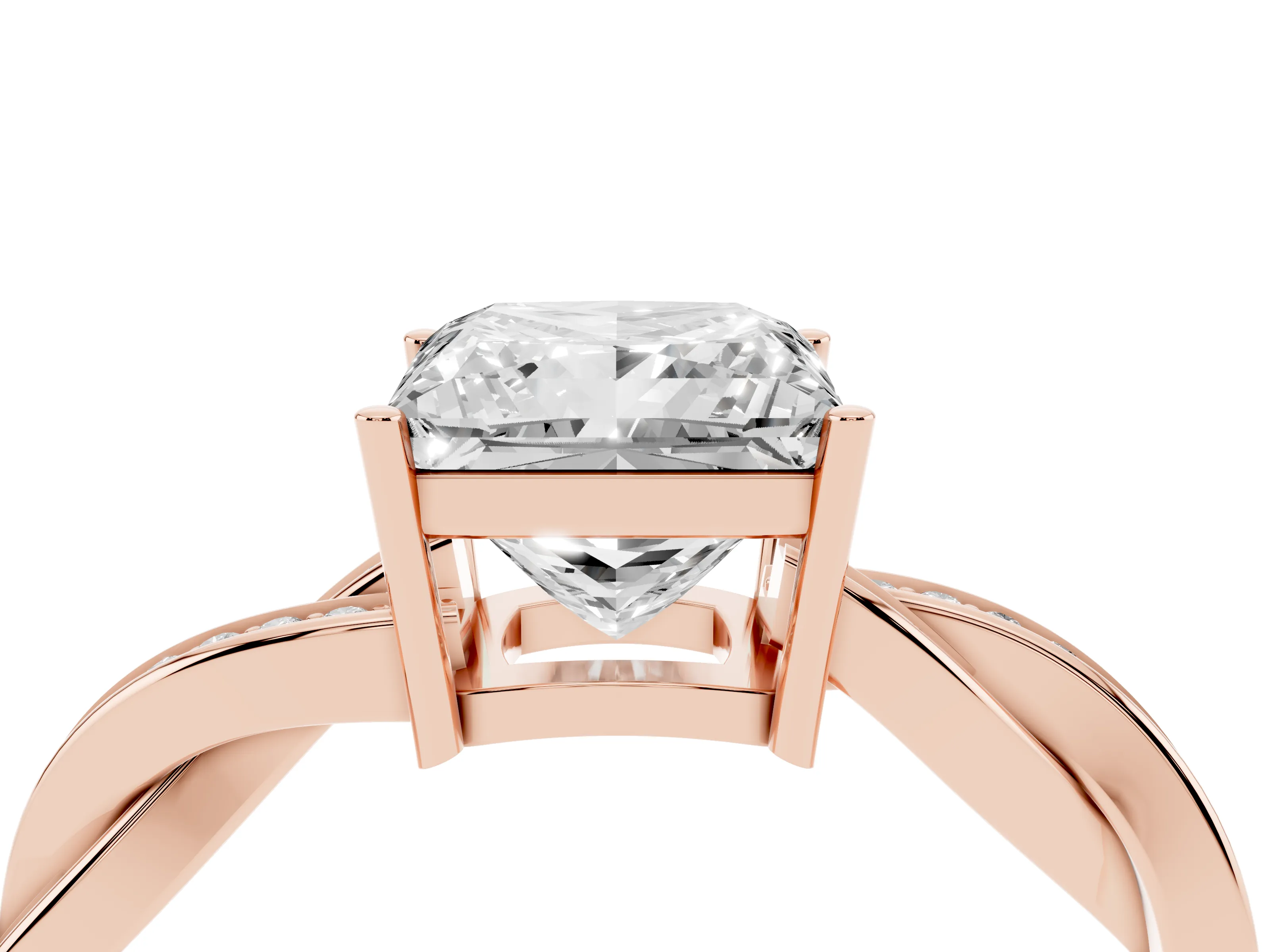 Princess Cut Diamond Solitaire Twisted Pavé Ring Set in Rose gold with Prong Setting