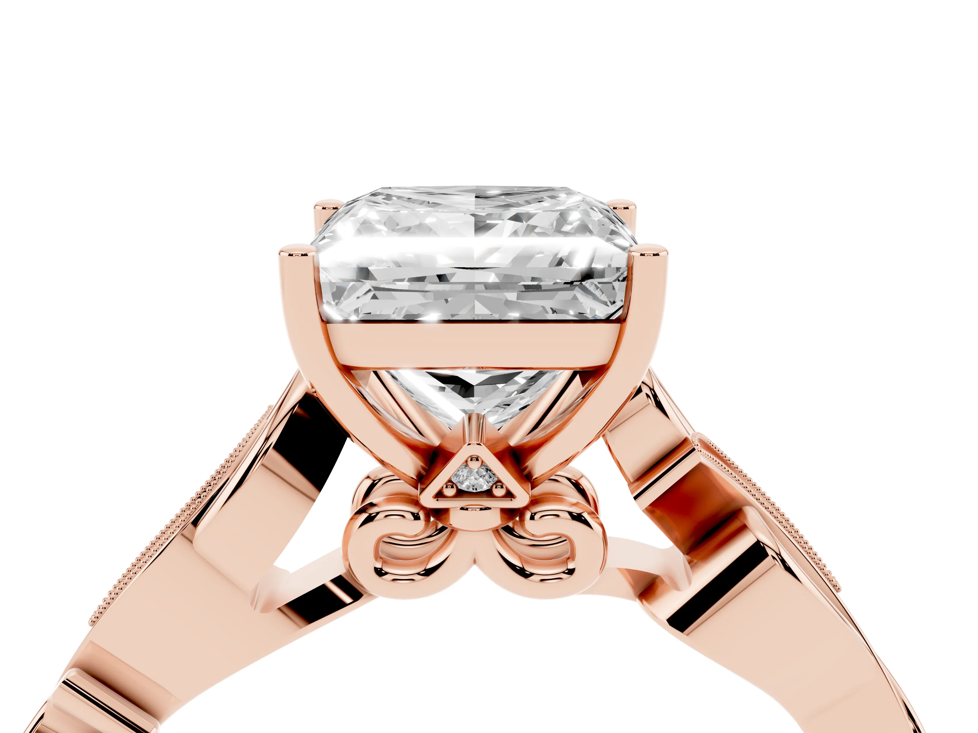 Princess Cut Diamond Vine Band Solitaire Ring Set in Rose gold with Milgrain Prong Setting