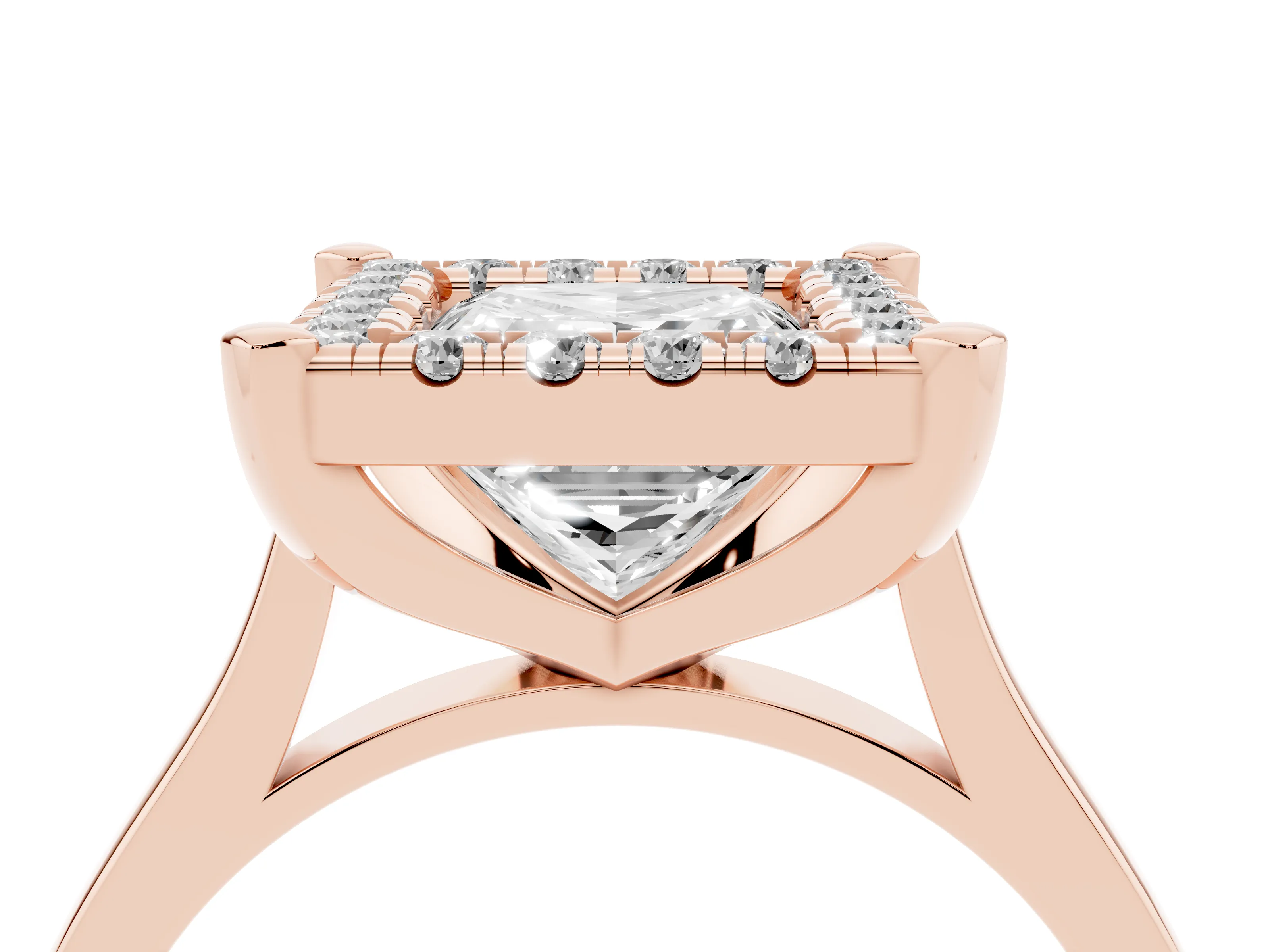 Princess Cut Diamond Cluster Halo Solitaire Ring Set in Rose gold with Prong Setting