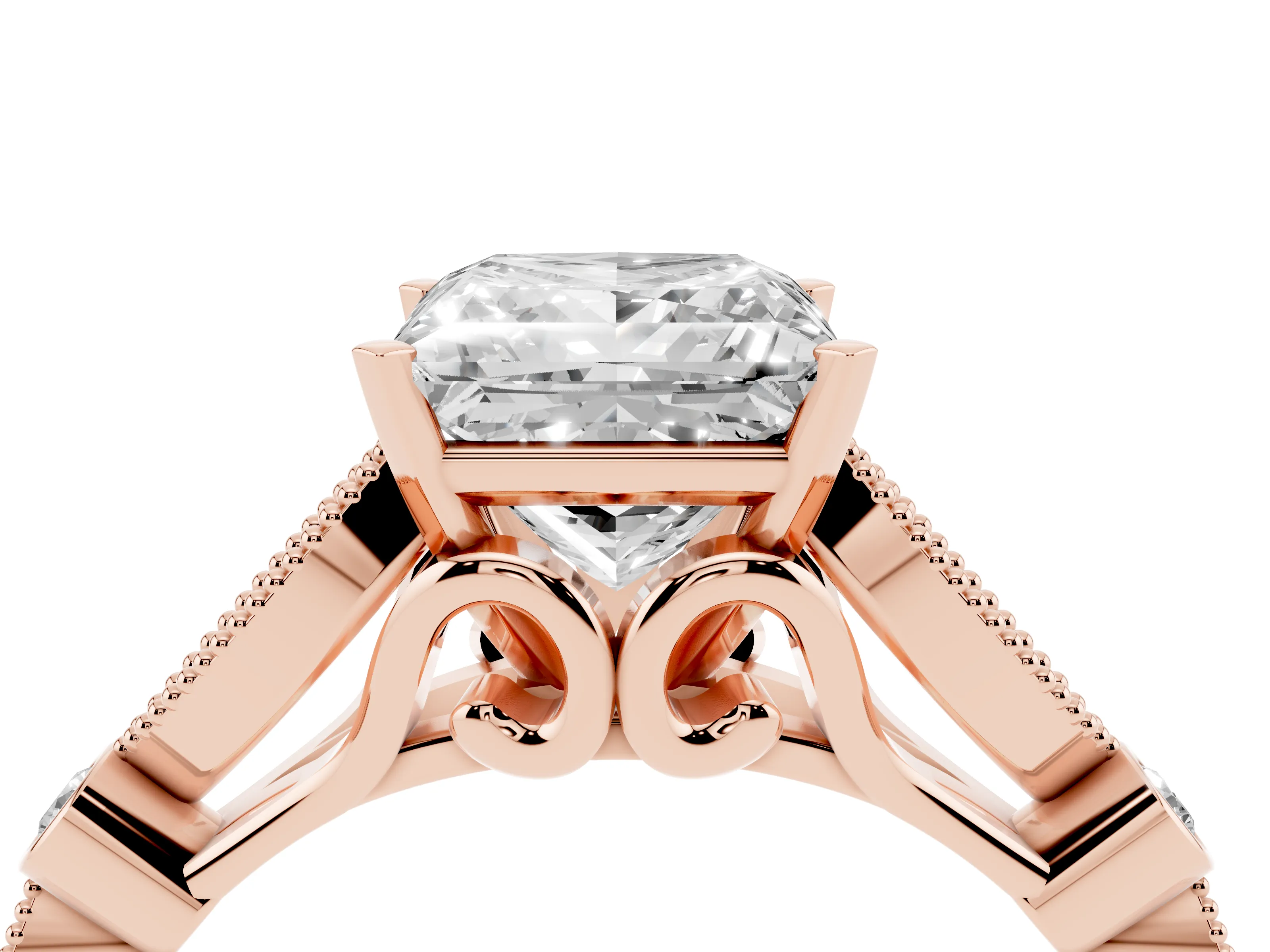 Princess Cut Diamond Solitaire Ring Set in Rose gold with Milgrain Marquise and Bezel Accents