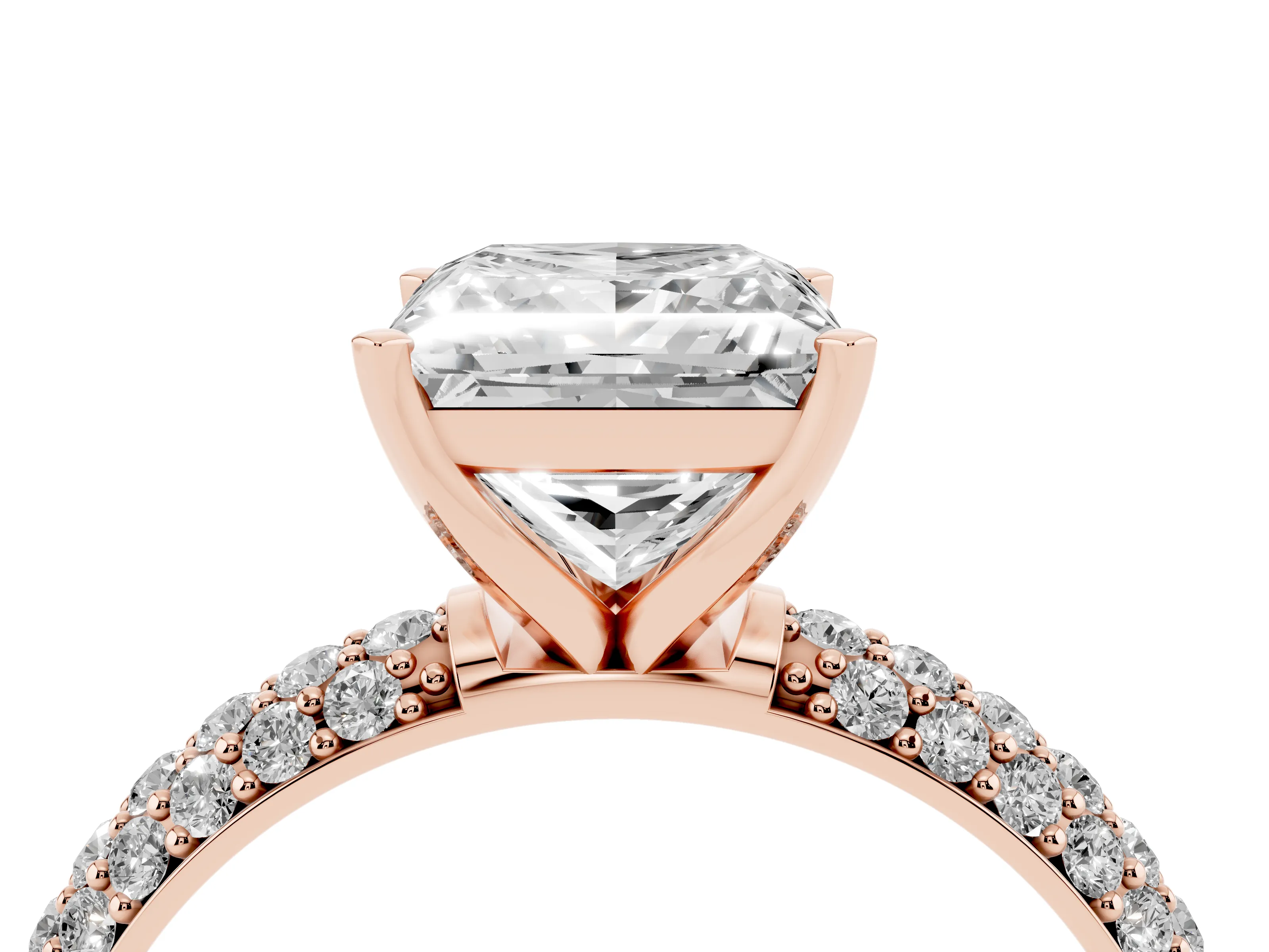 Princess Cut Diamond Solitaire Ring Set in Rose gold with Prong Setting and Pavé-Set Band