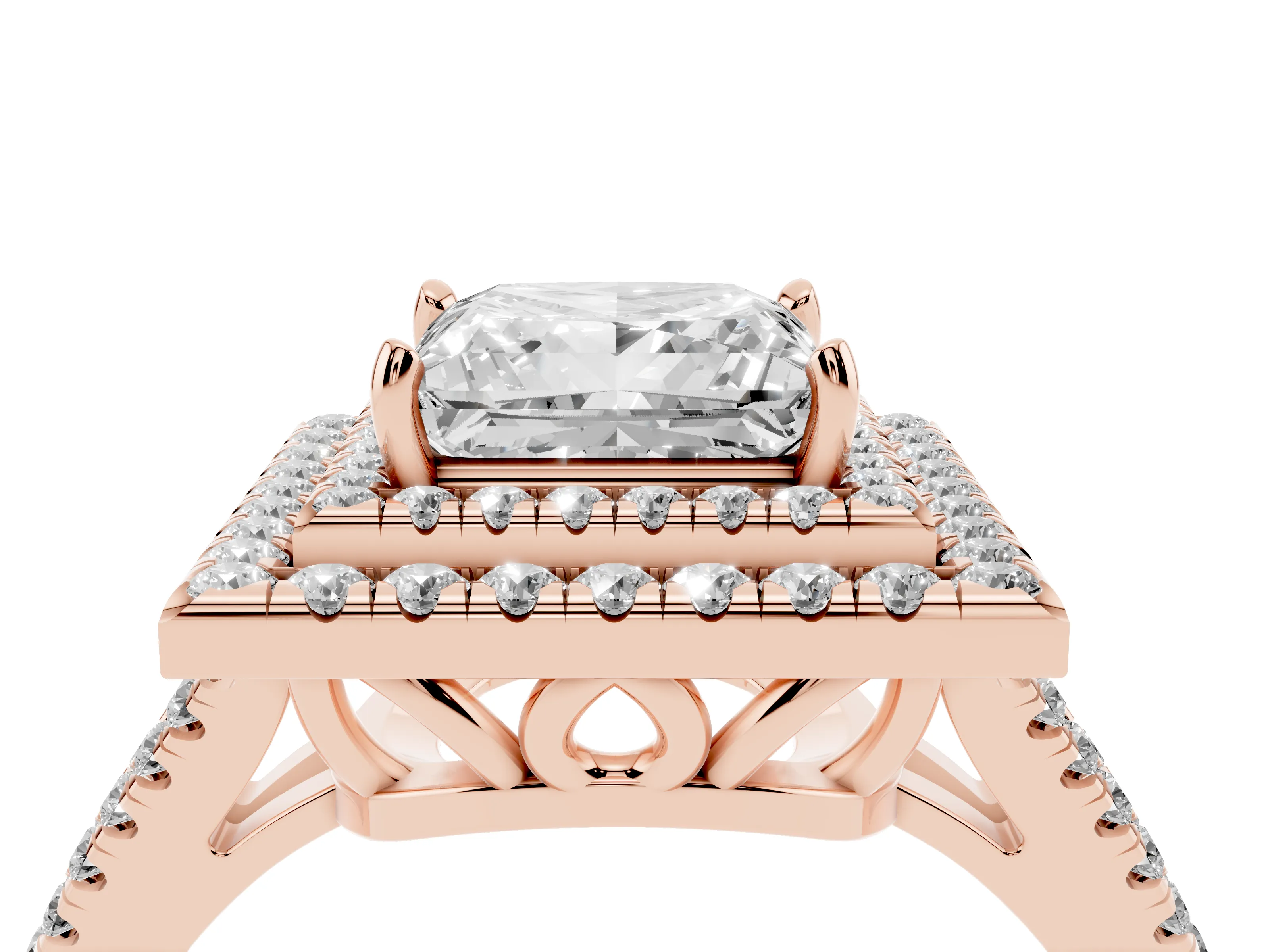 Princess Cut Diamond Double Halo Ring Set in Rose gold with Pavé Band