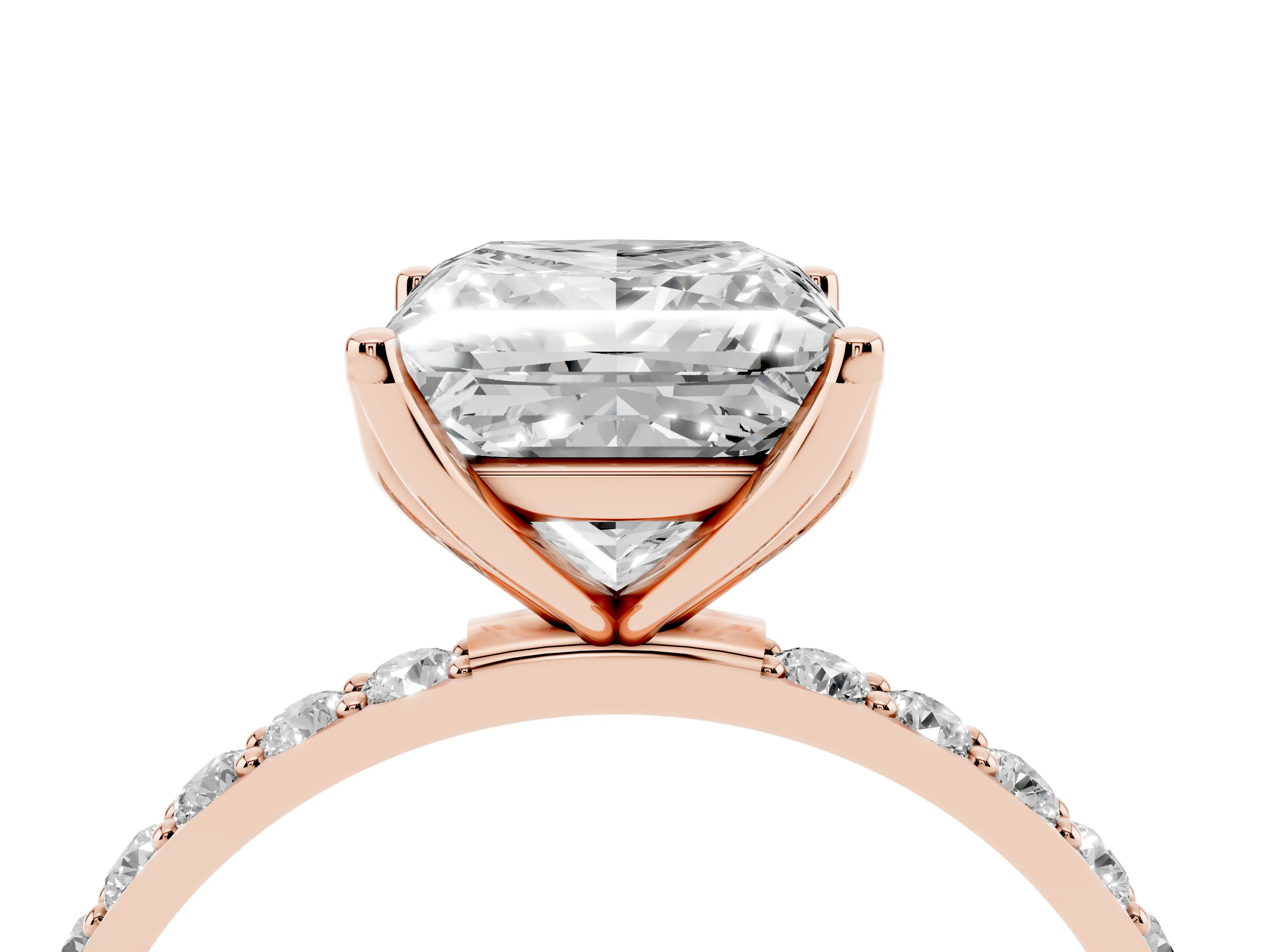 Princess Cut Diamond Solitaire Engagement Ring Set in Rose gold with Round Pavé Band and Prong Setting