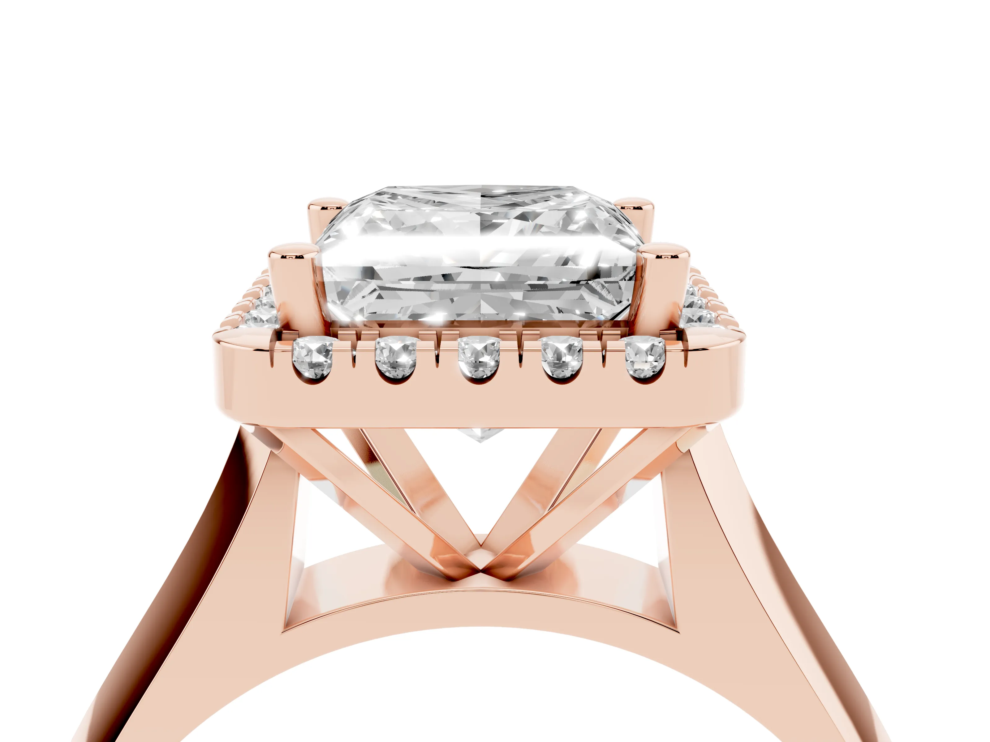 Princess Cut Diamond Halo Solitaire Engagement Ring Set in Rose gold with Square Band and Prong Setting