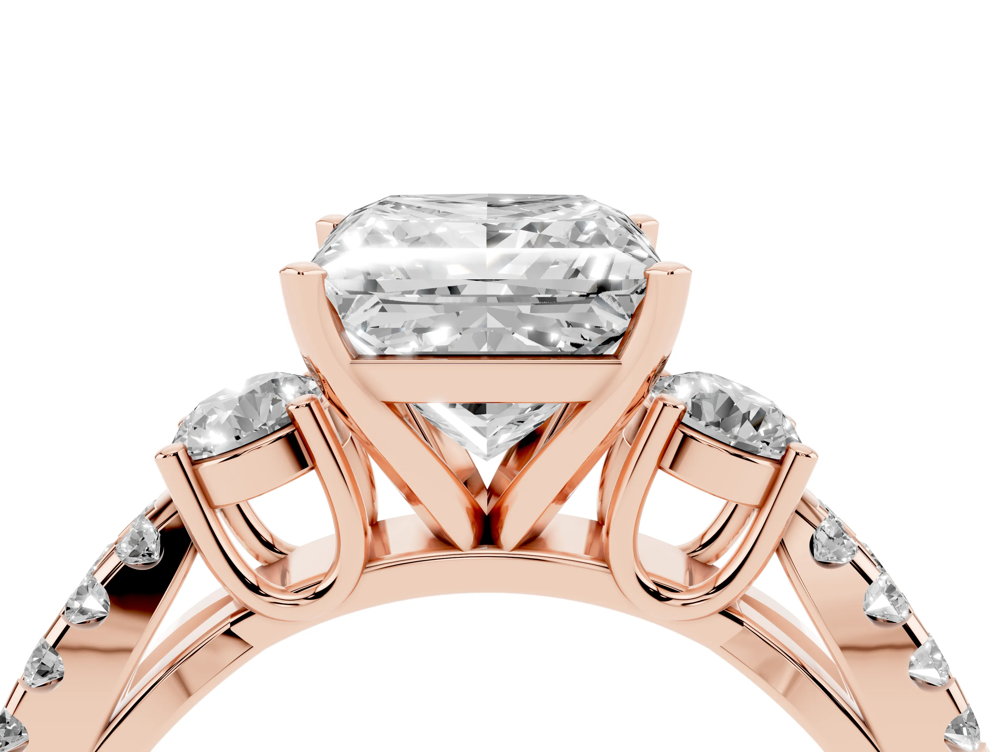 Princess Cut Diamond Three-Stone Ring Set in Rose gold with Pavé Split Shank and Prong Setting