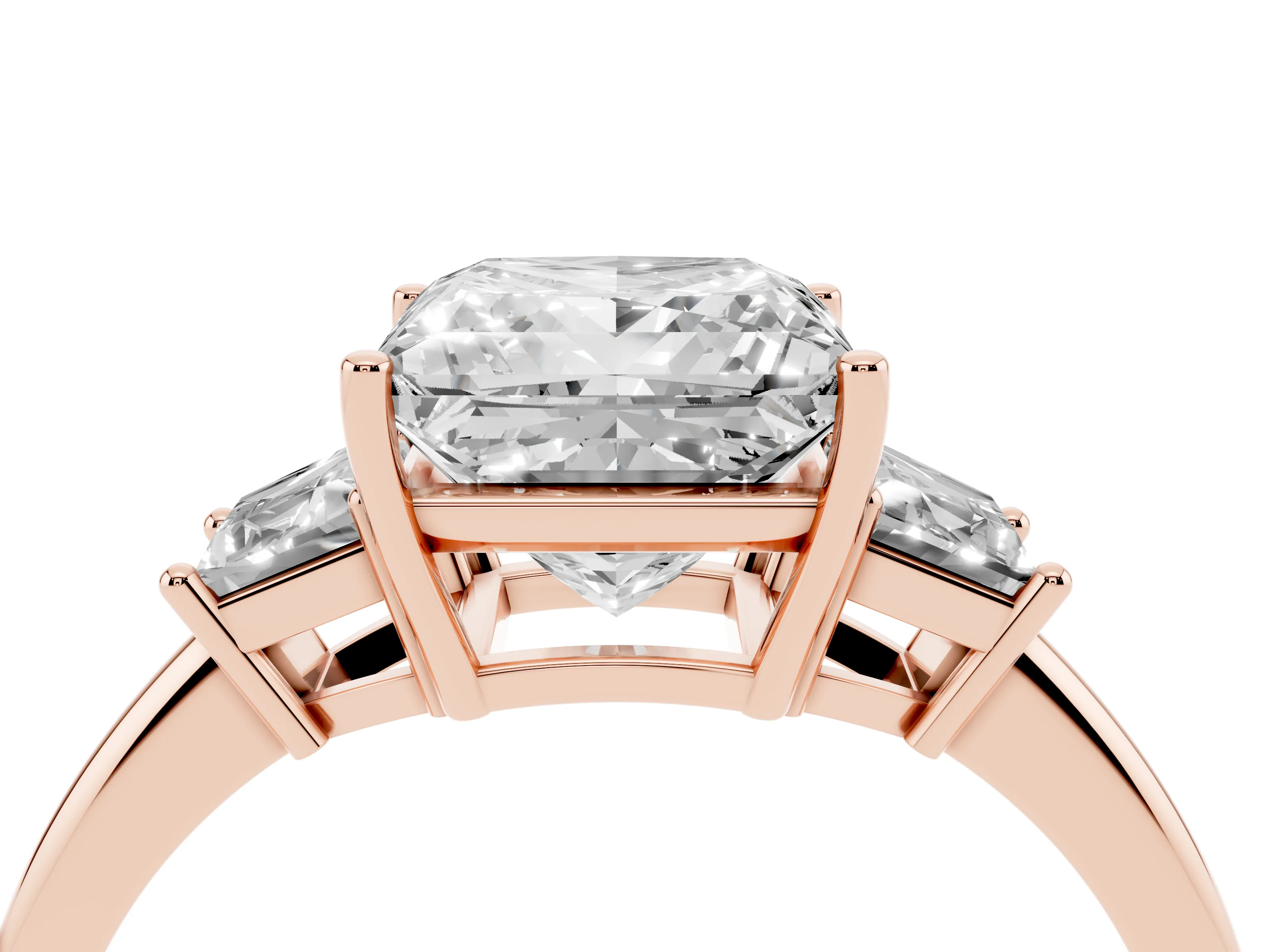 Princess Cut Diamond Three-Stone Ring Set in Rose gold with Trapezoid Side Stones and Prong Setting