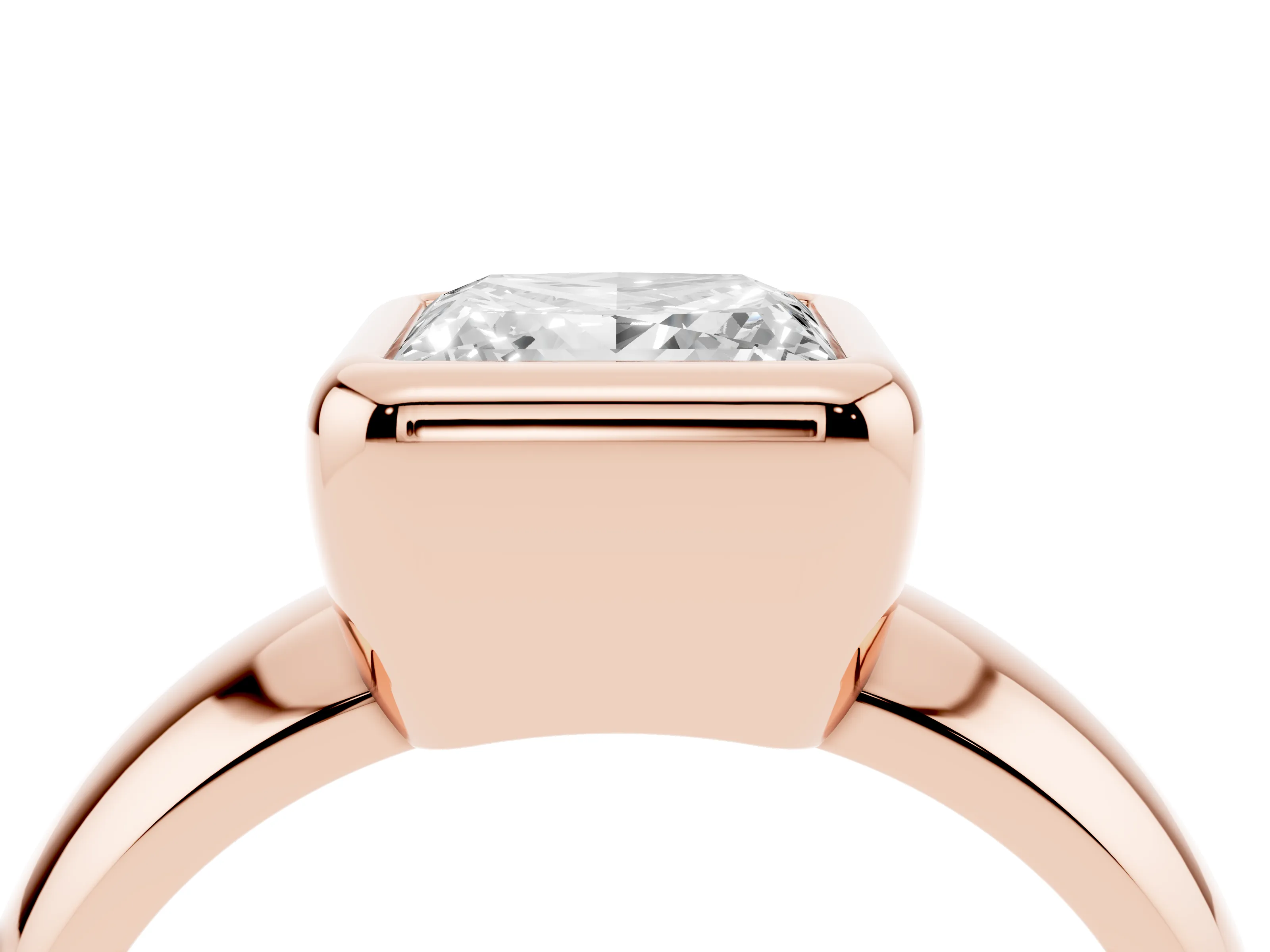 Bezel Set Princess Cut Diamond Solitaire Ring Set in Rose gold with Wide Band