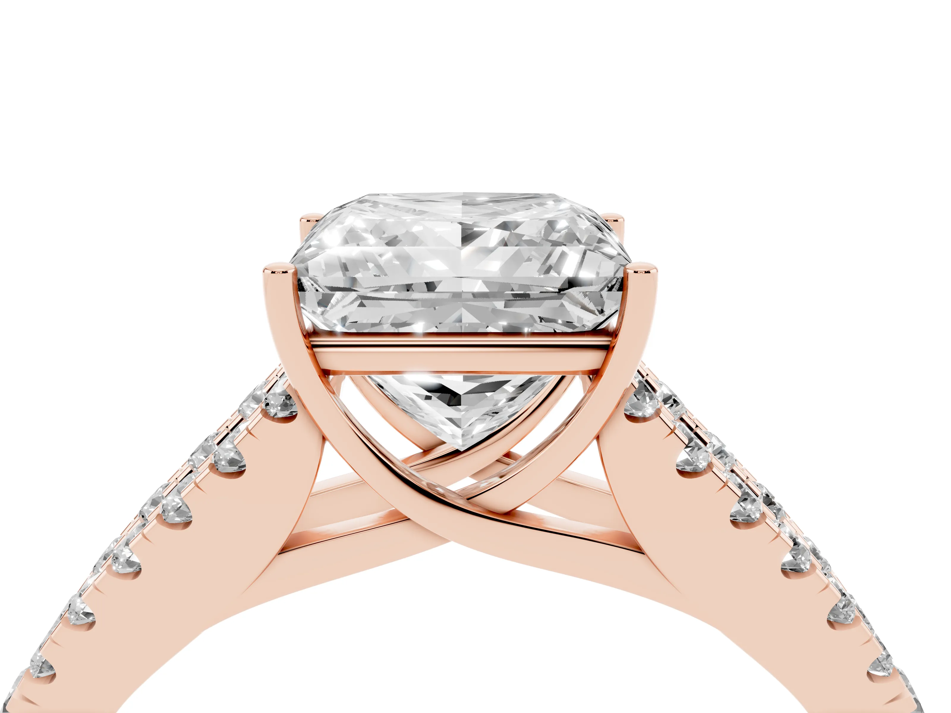 Princess Cut Diamond Split Shank Pavé Engagement Ring Set in Rose gold with Prong-Held Center Stone