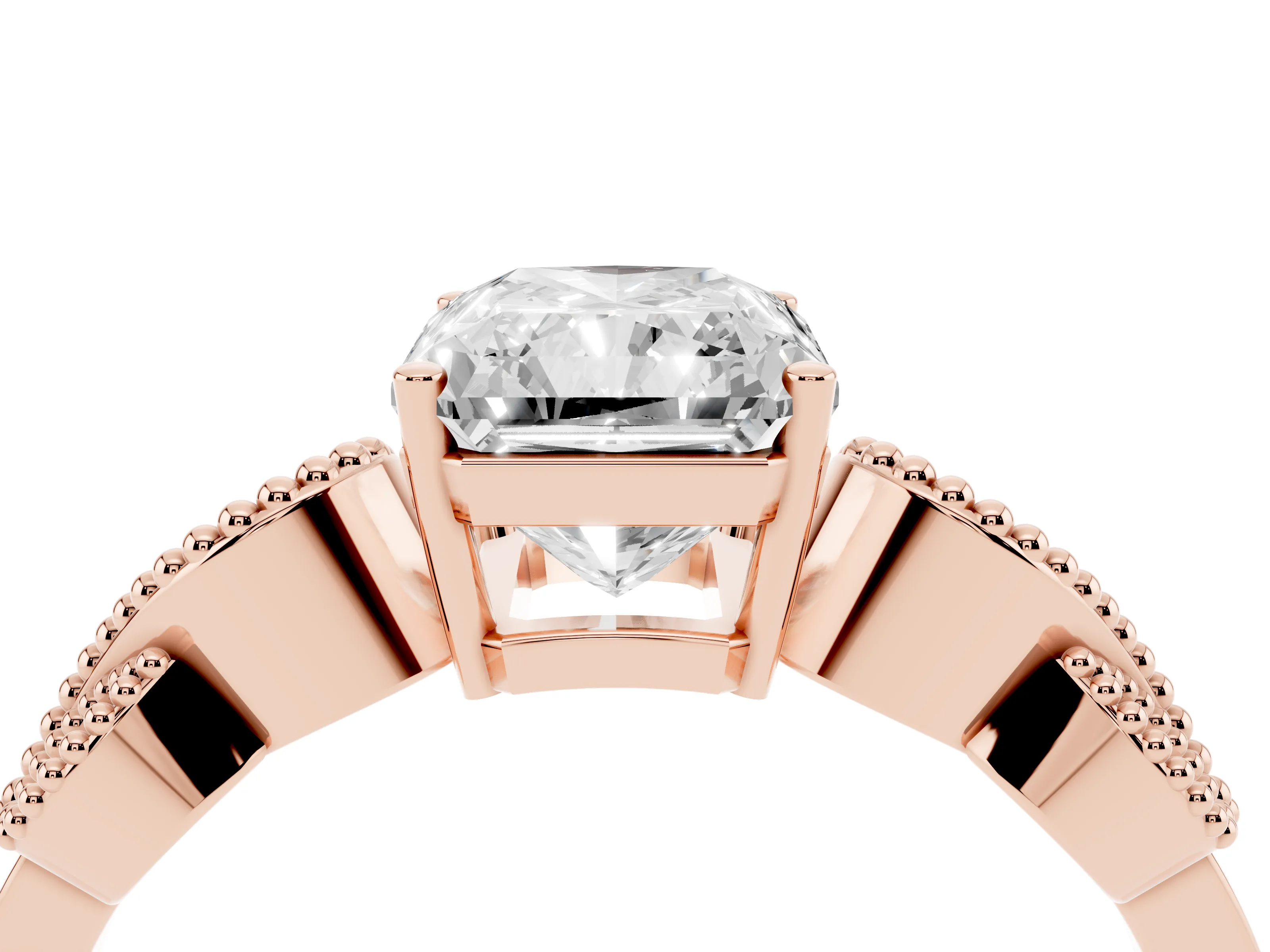 Princess Cut Diamond Milgrain Leaf Band Solitaire Ring Set in Rose gold with Accent Stones and Prong Setting