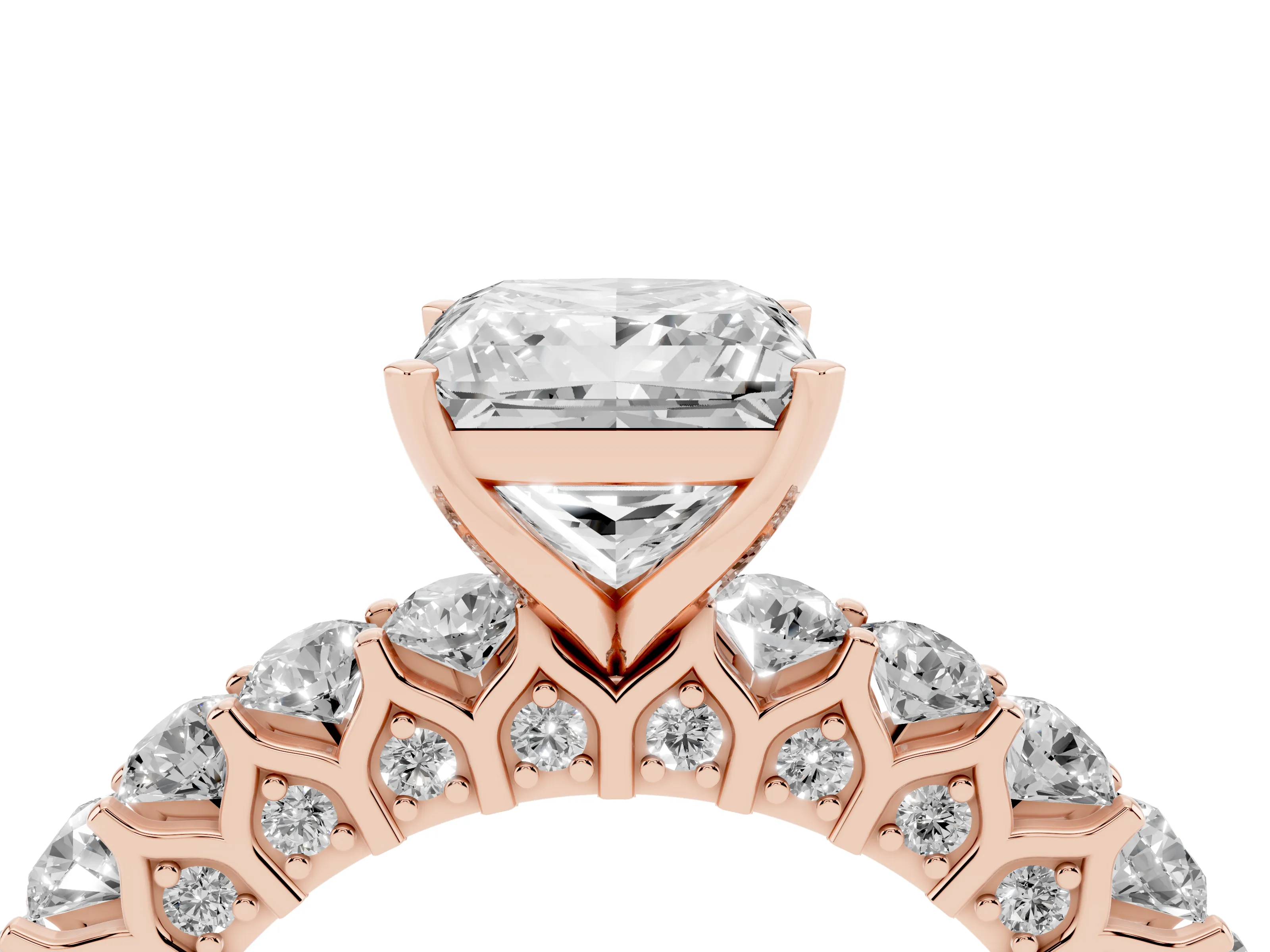 Princess Cut Diamond Solitaire Ring Set in Rose gold with Shared Prong Pavé Band