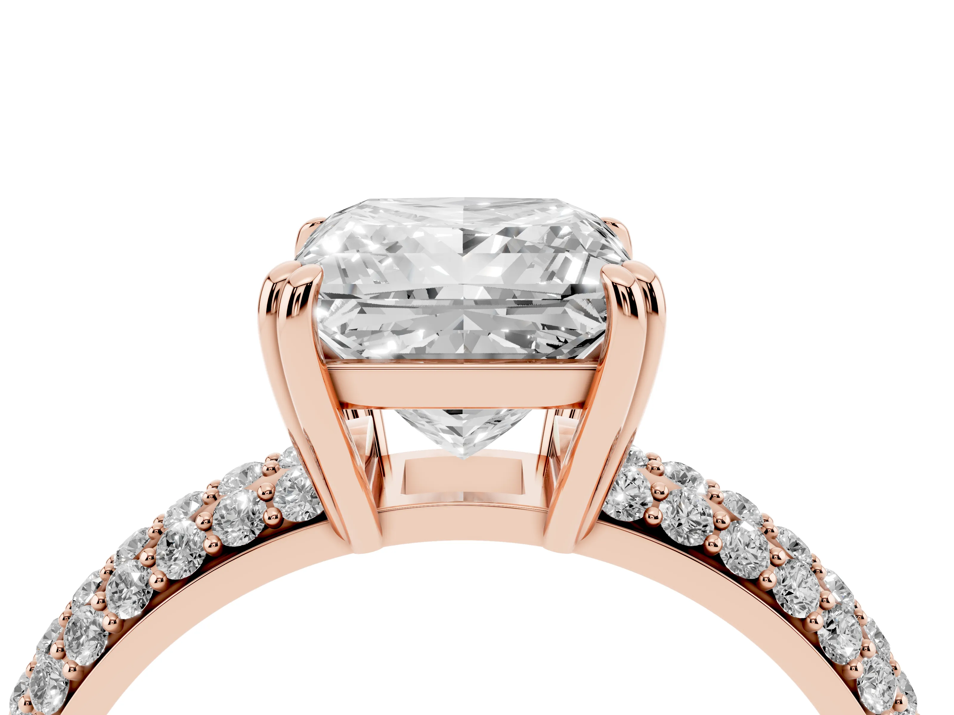 Princess Cut Diamond Solitaire Ring Set in Rose gold with Multi-Row Round Pavé Band and Prong Setting