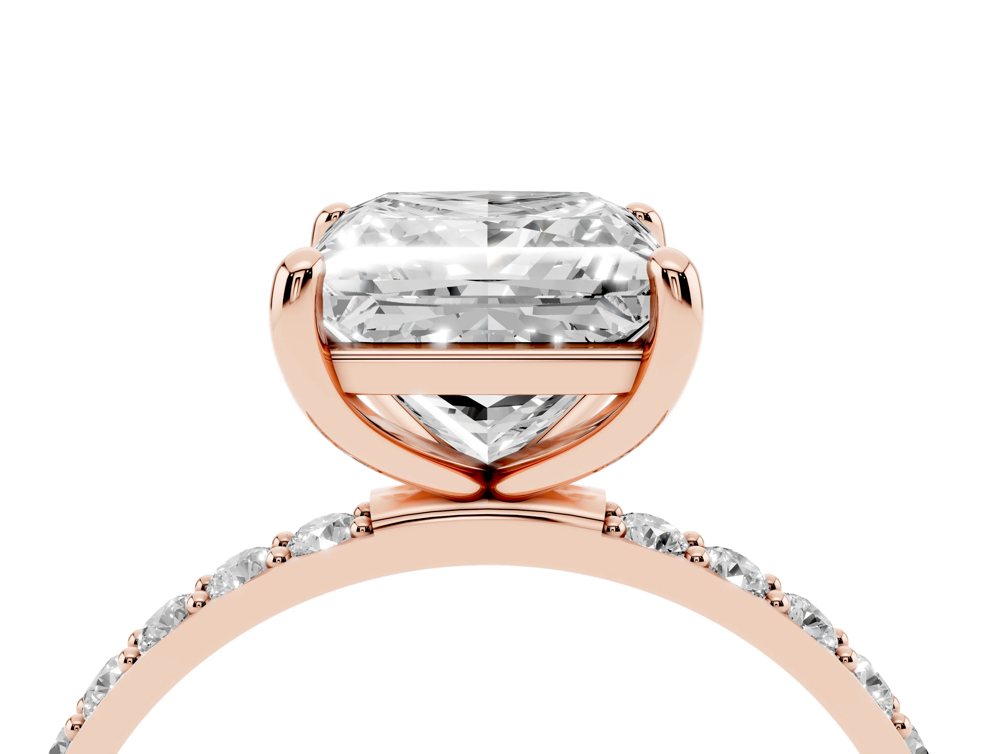 Princess Cut Diamond Solitaire Ring Set in Rose gold with Round Pavé Band and Prong Setting