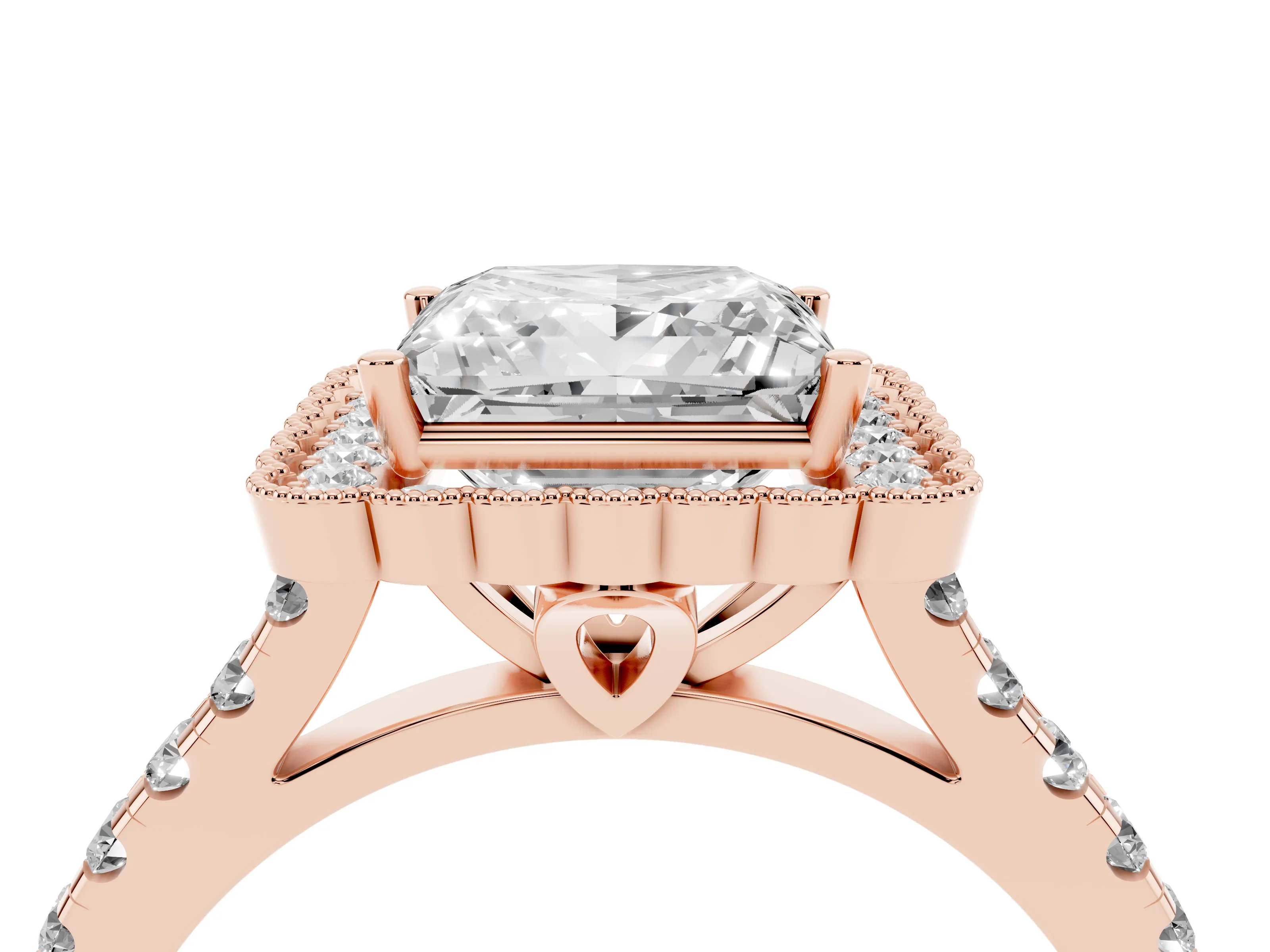 Princess Cut Diamond Milgrain Floral Halo Engagement Ring Set in Rose gold with Pavé Band