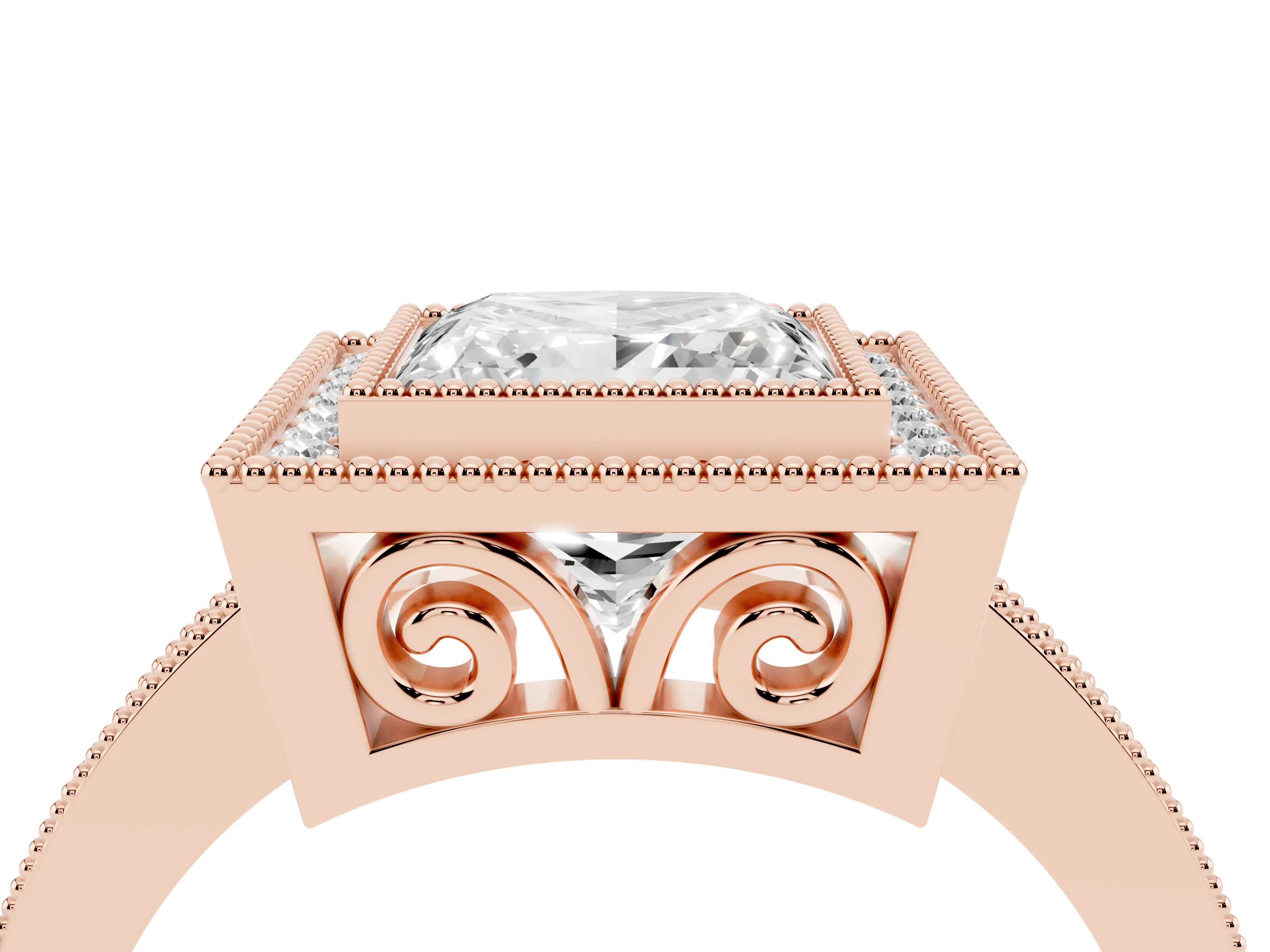 Princess Cut Diamond Halo Ring Set in Rose gold with Pavé Band and Milgrain-Edged Prongs