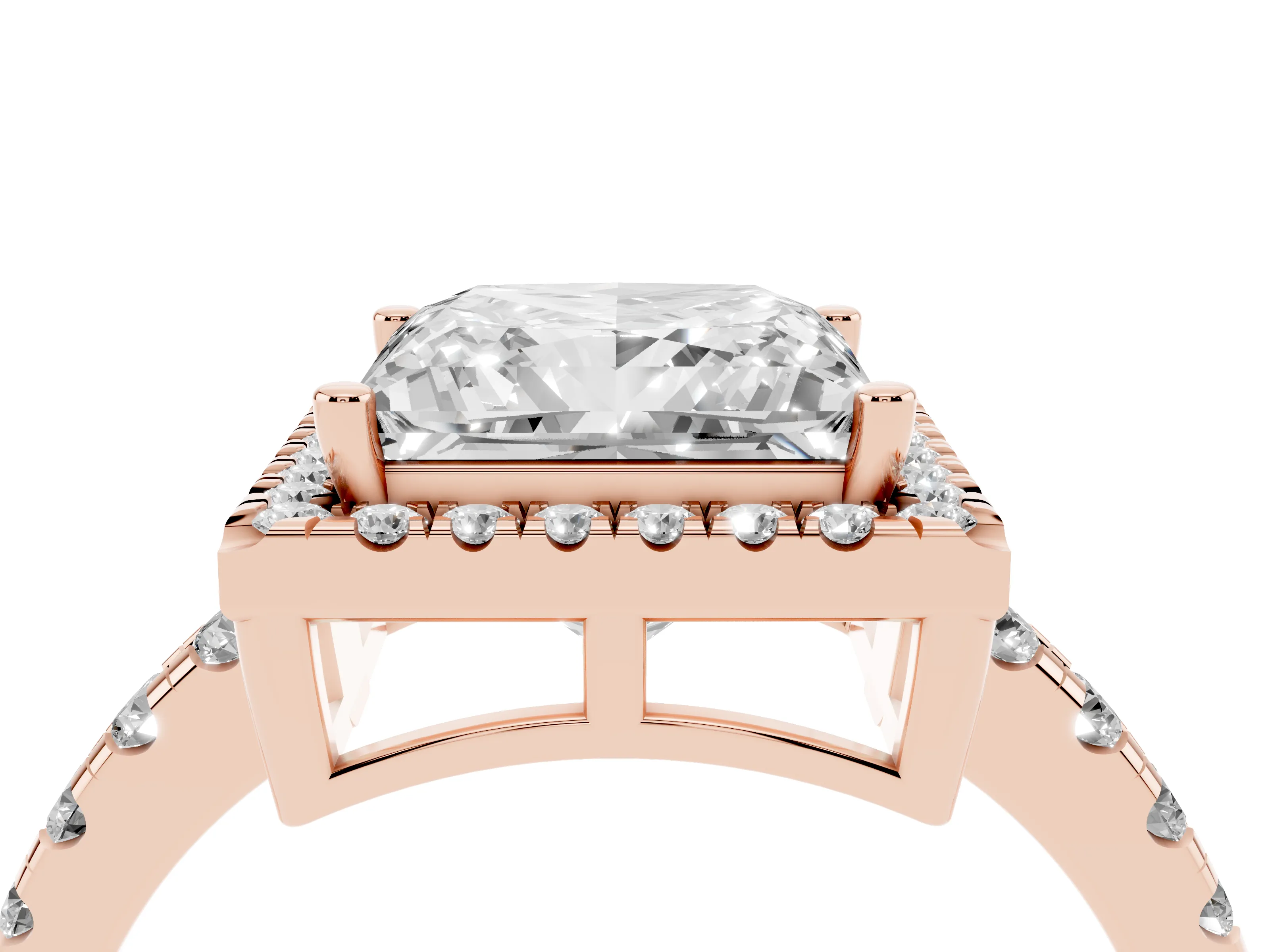 Princess Cut Diamond Halo Ring Set in Rose gold with Delicate Pavé Band and Prong Setting