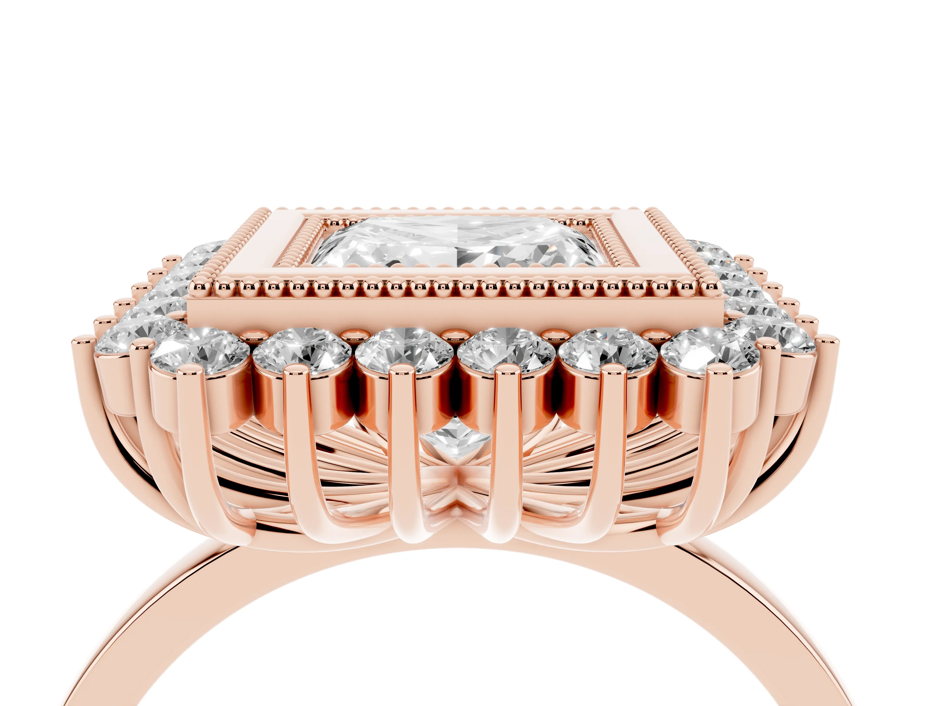 Princess Cut Diamond Halo Ring Set in Rose gold with Milgrain Edge and Round Prong Setting