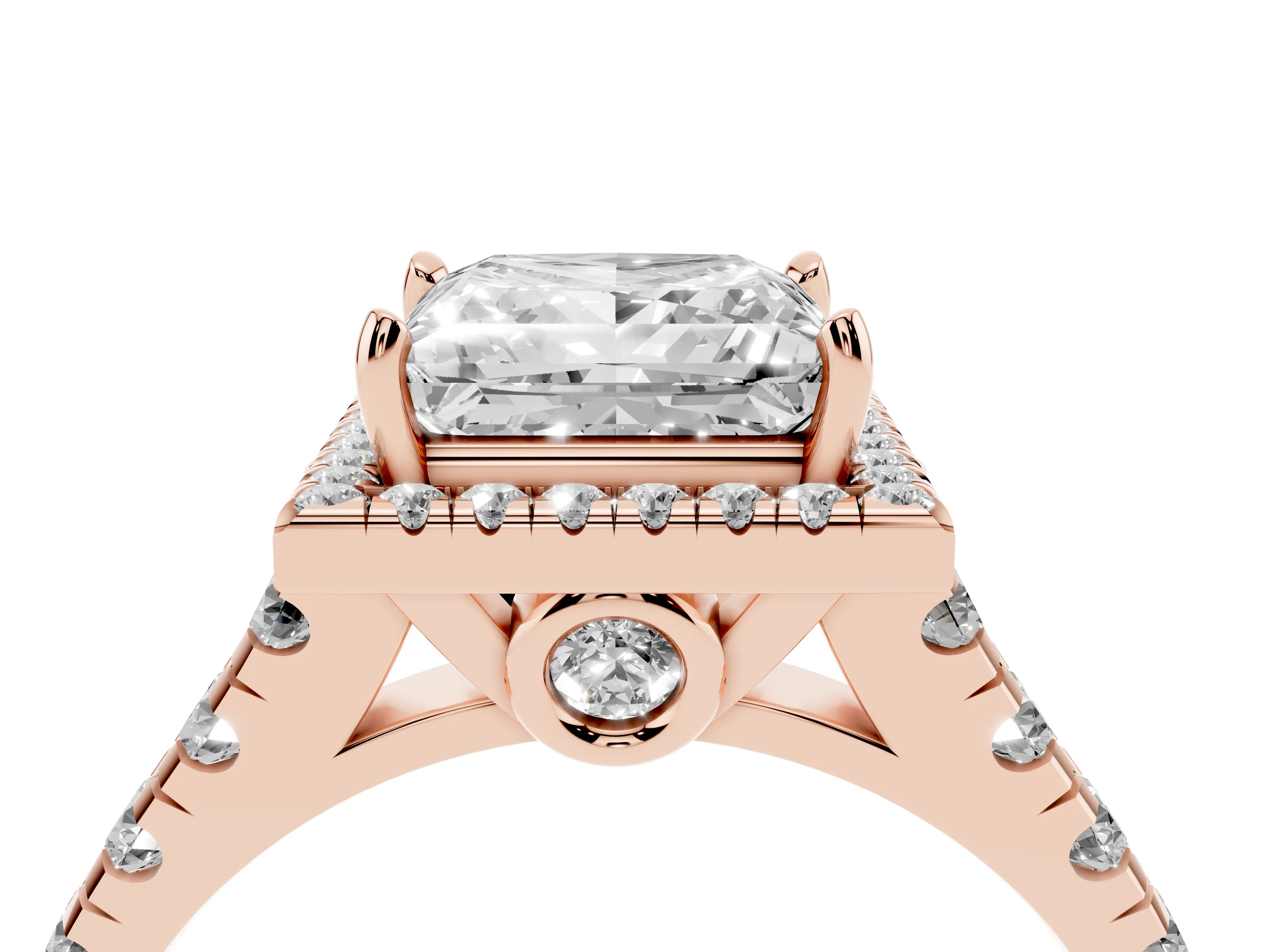 Princess Cut Diamond Halo Engagement Ring Set in Rose gold with Pavé Band and Prong-Set Center