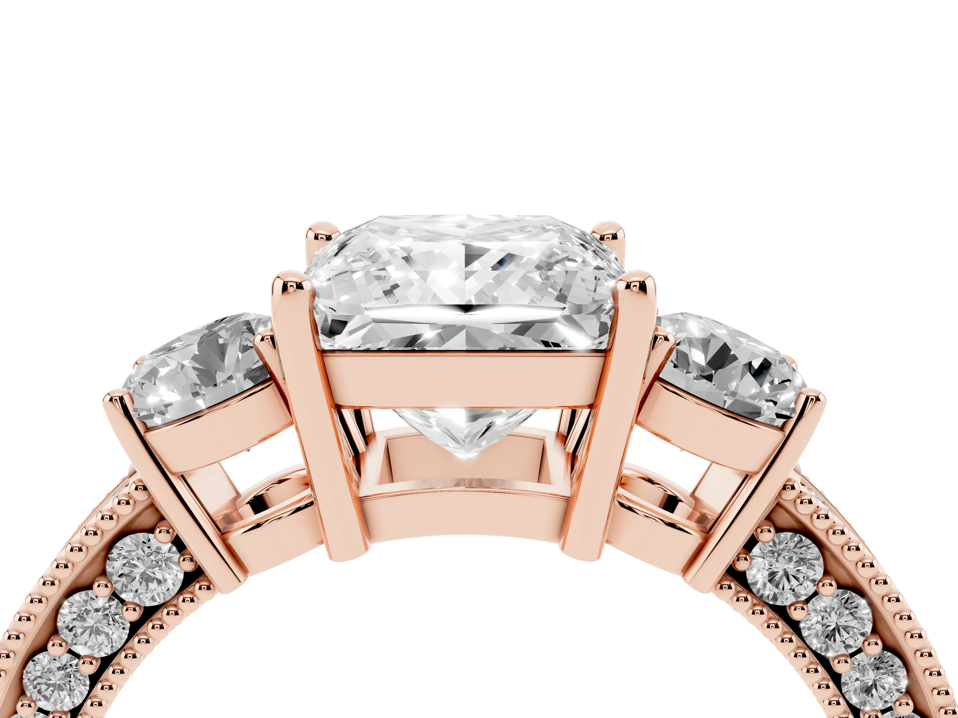 Princess Cut Diamond Three-Stone Ring Set in Rose gold with Round Side Stones and Pavé Band