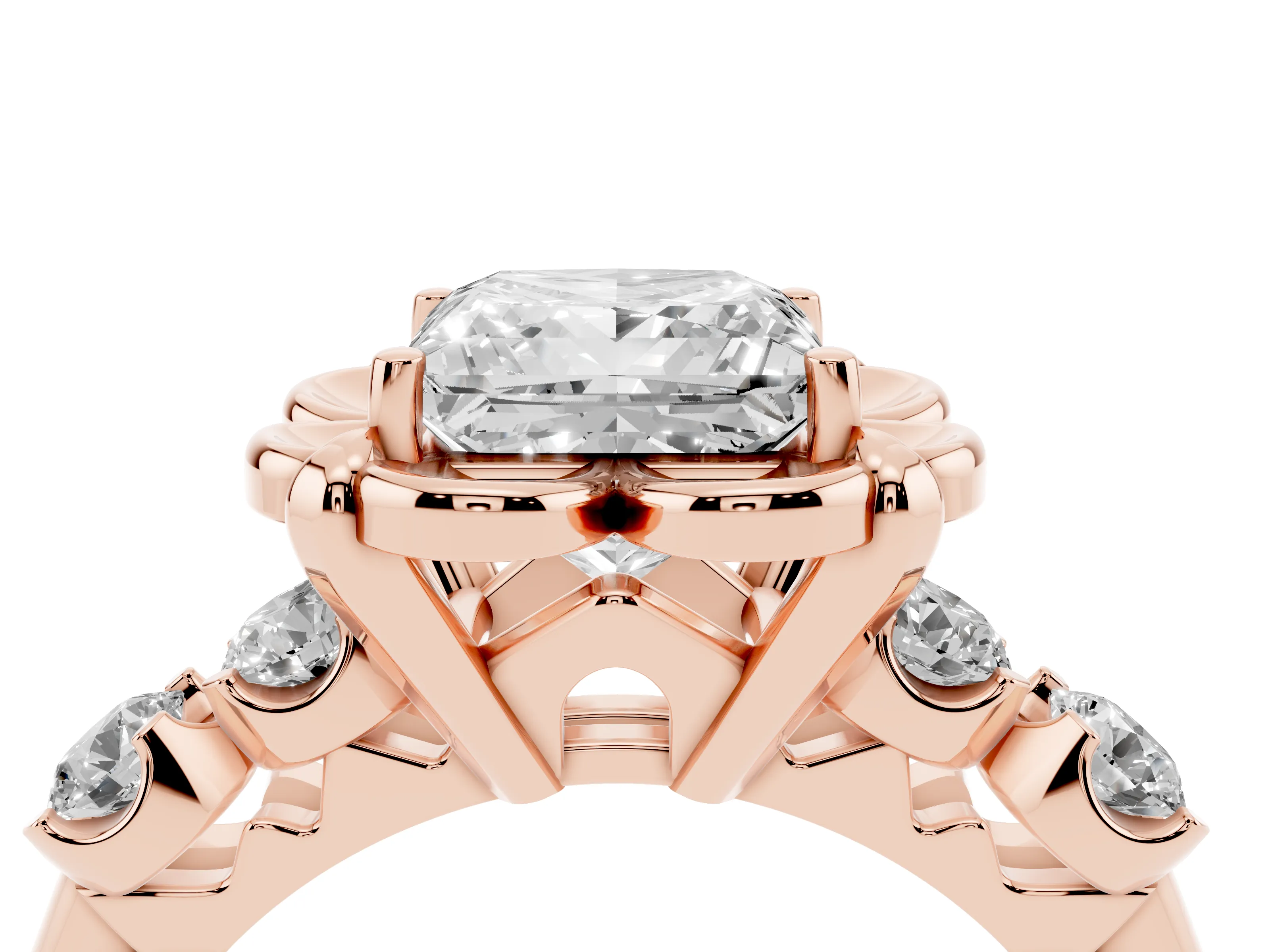 Princess Cut Diamond Floral Halo Ring Set in Rose gold with Shared Prong Band
