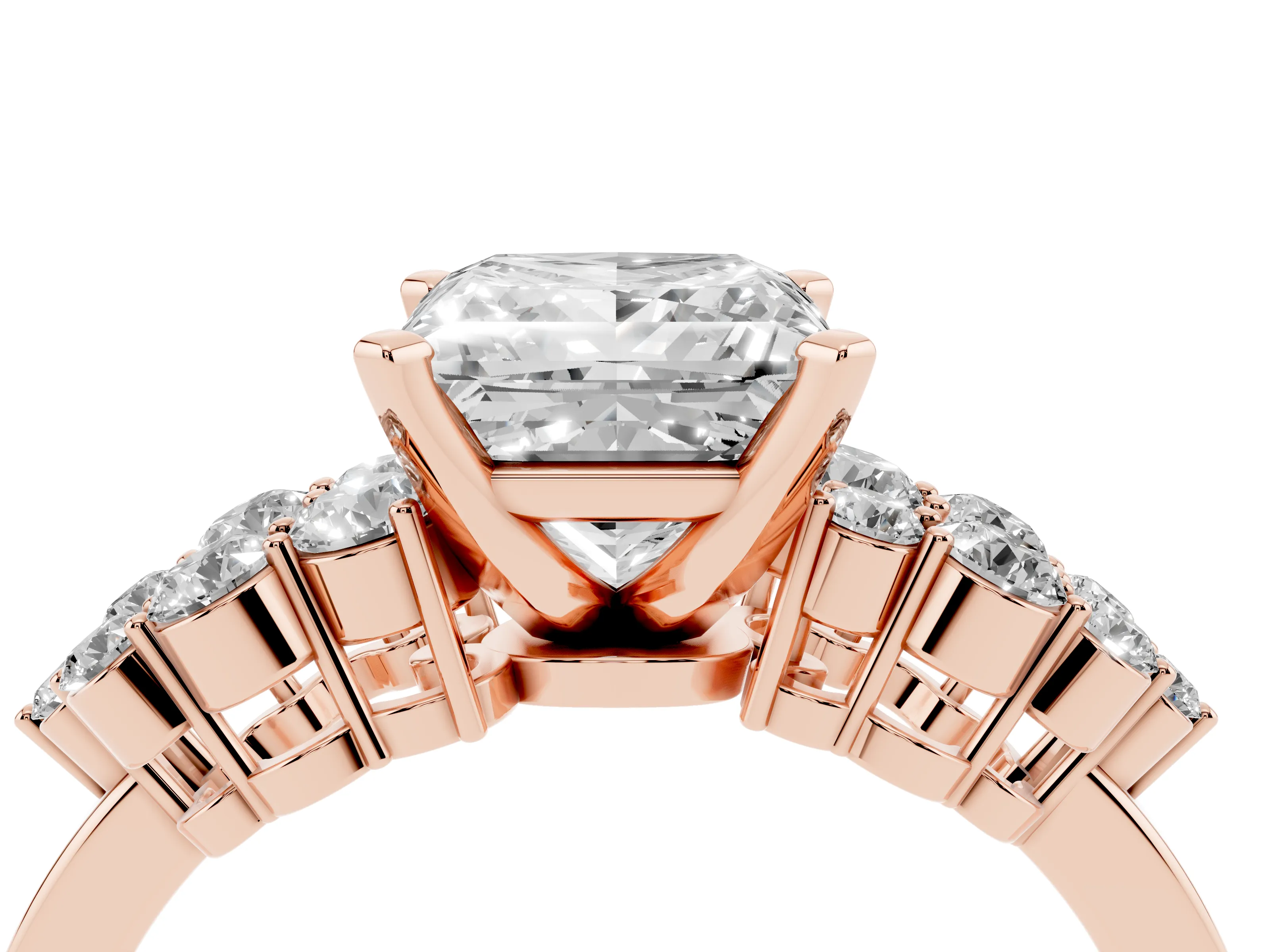 Princess Cut Diamond Cluster Engagement Ring Set in Rose gold with Pavé Band and Prong Setting