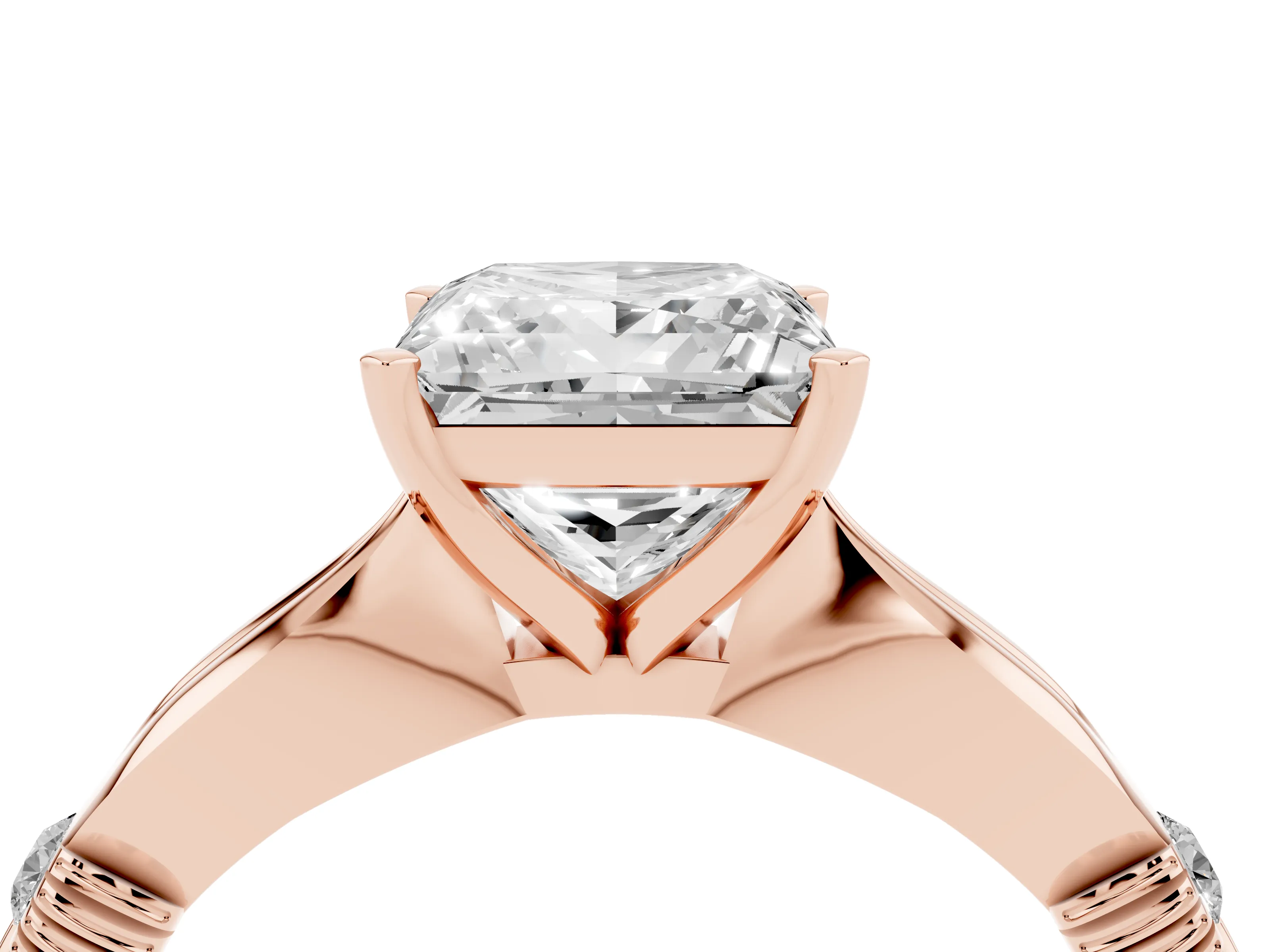 Princess Cut Diamond Solitaire Twisted Band Ring Set in Rose gold with Accent Stones and Prong Setting