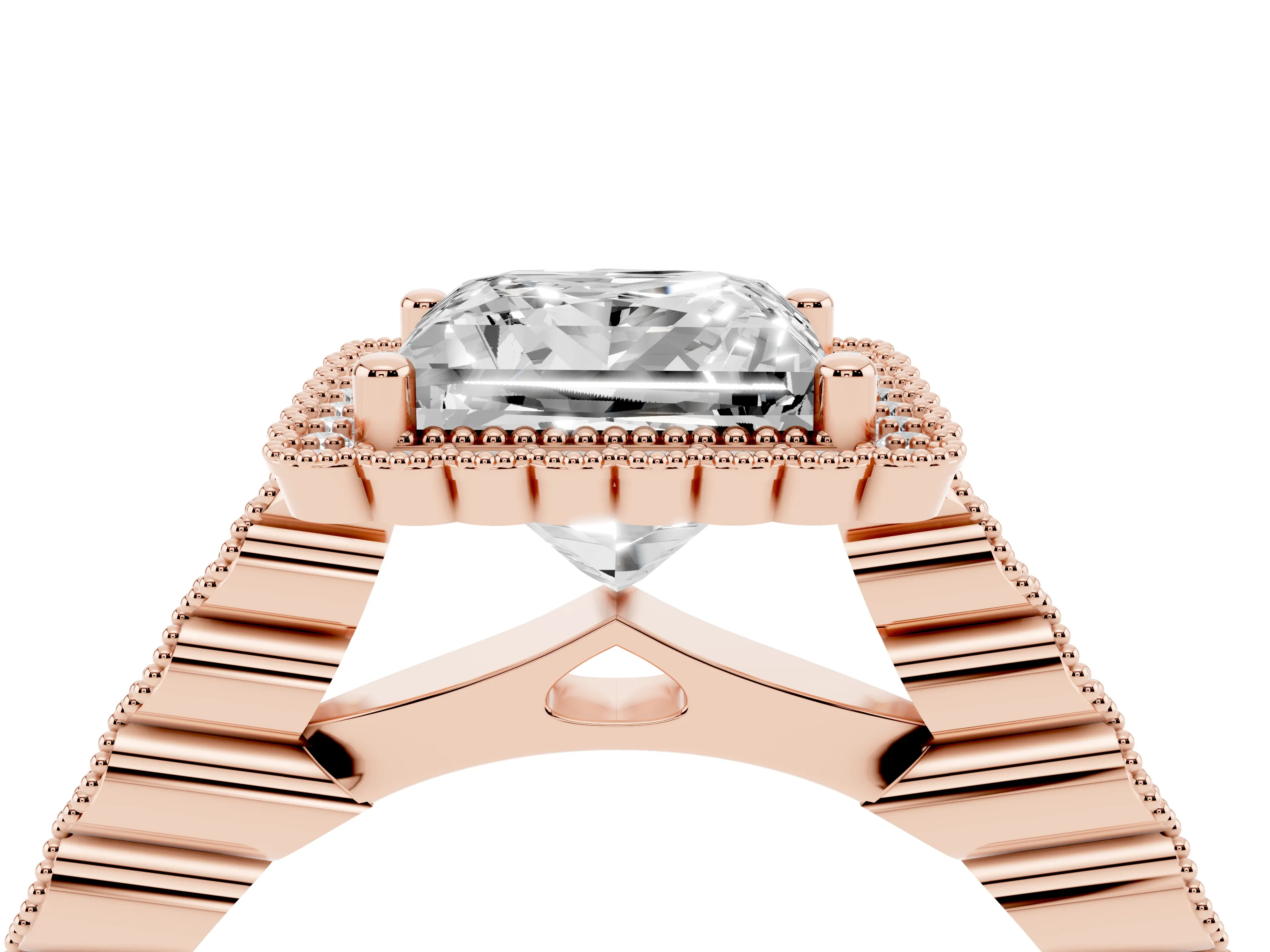 Princess Cut Diamond Halo Ring Set in Rose gold with Pavé Milgrain Band