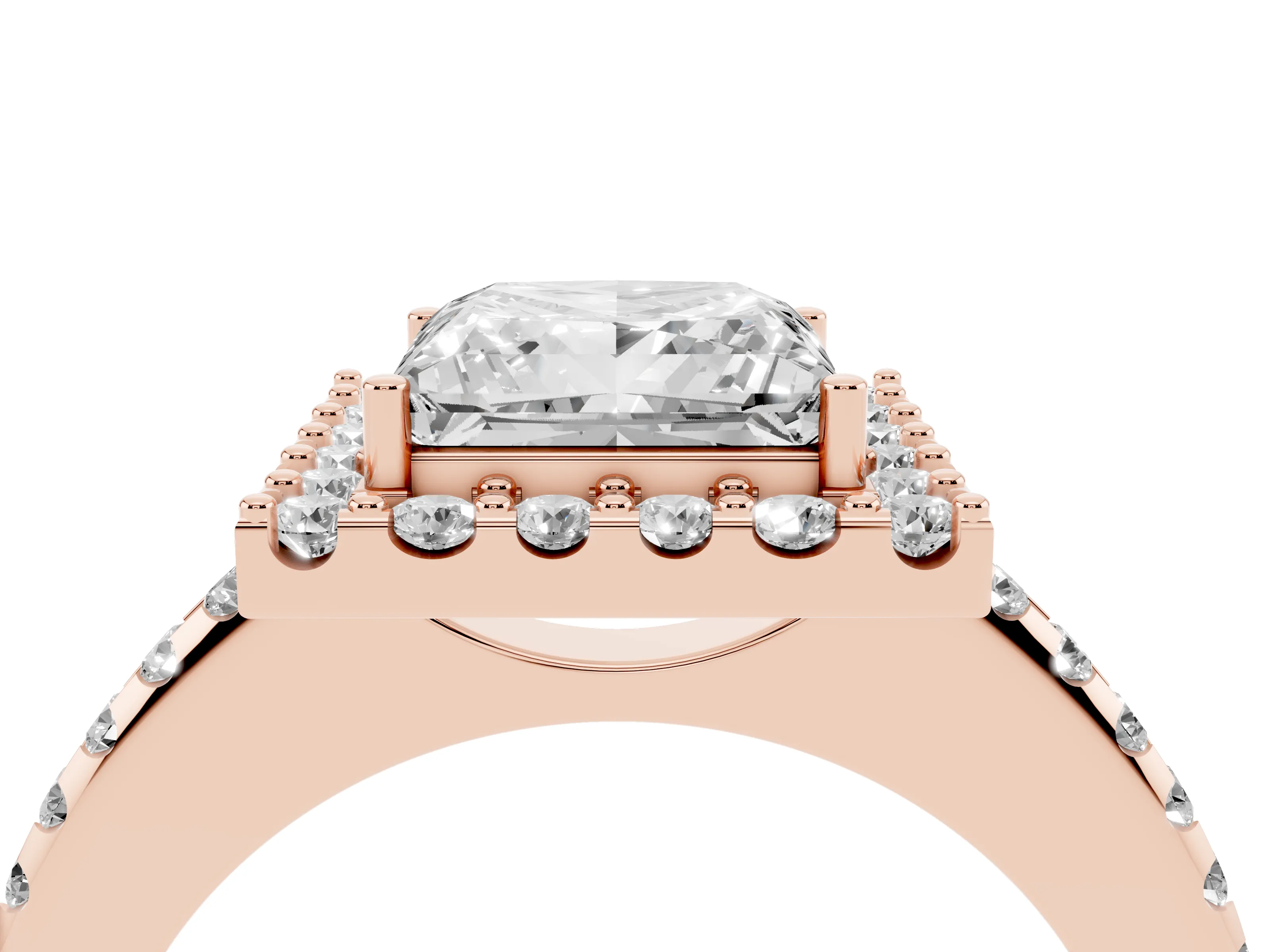 Princess Cut Diamond Pavé Halo Ring Set in Rose gold with Prong Setting