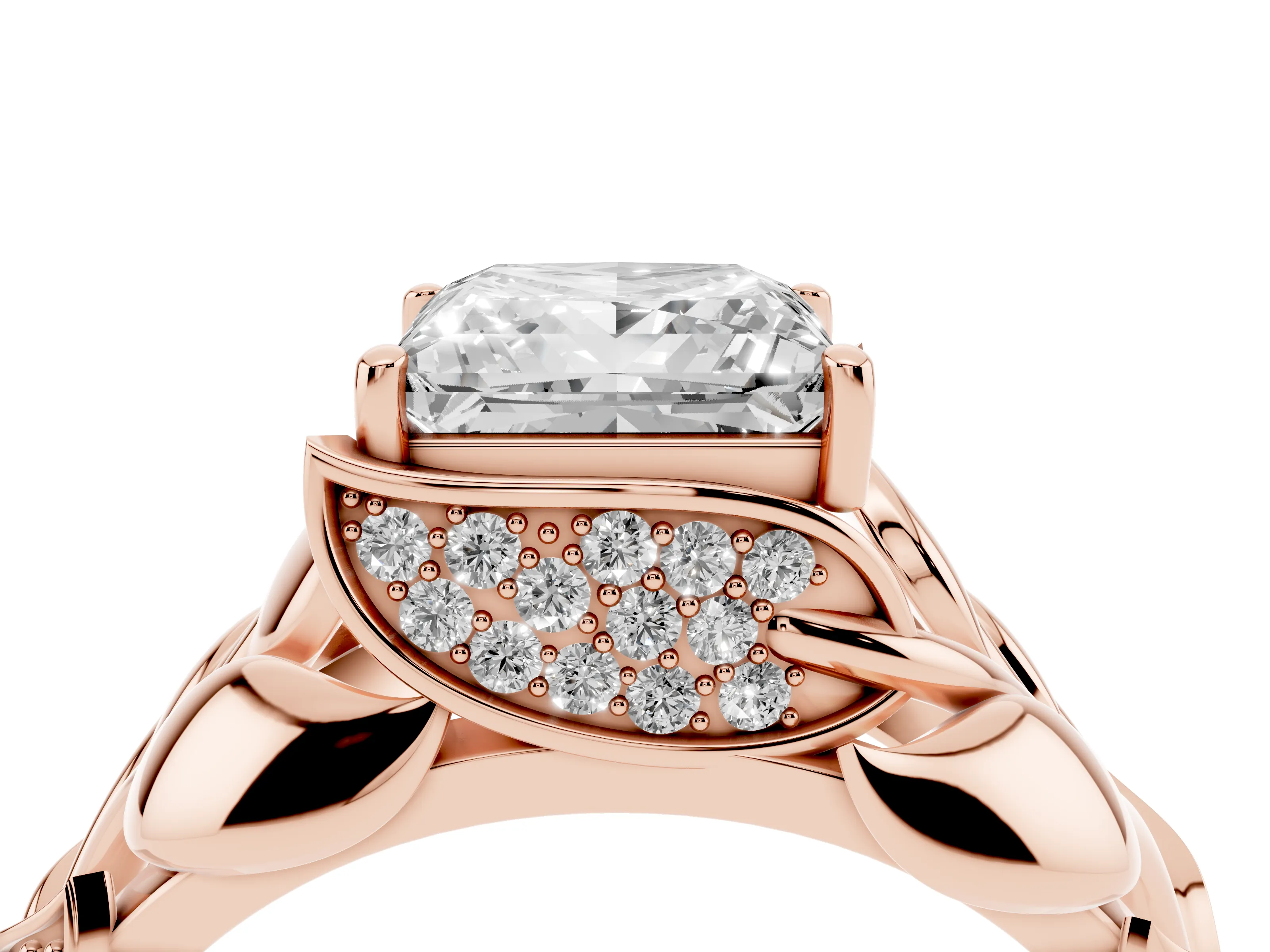 Princess Cut Diamond Leaf-Inspired Engagement Ring Set in Rose gold with Round Accents