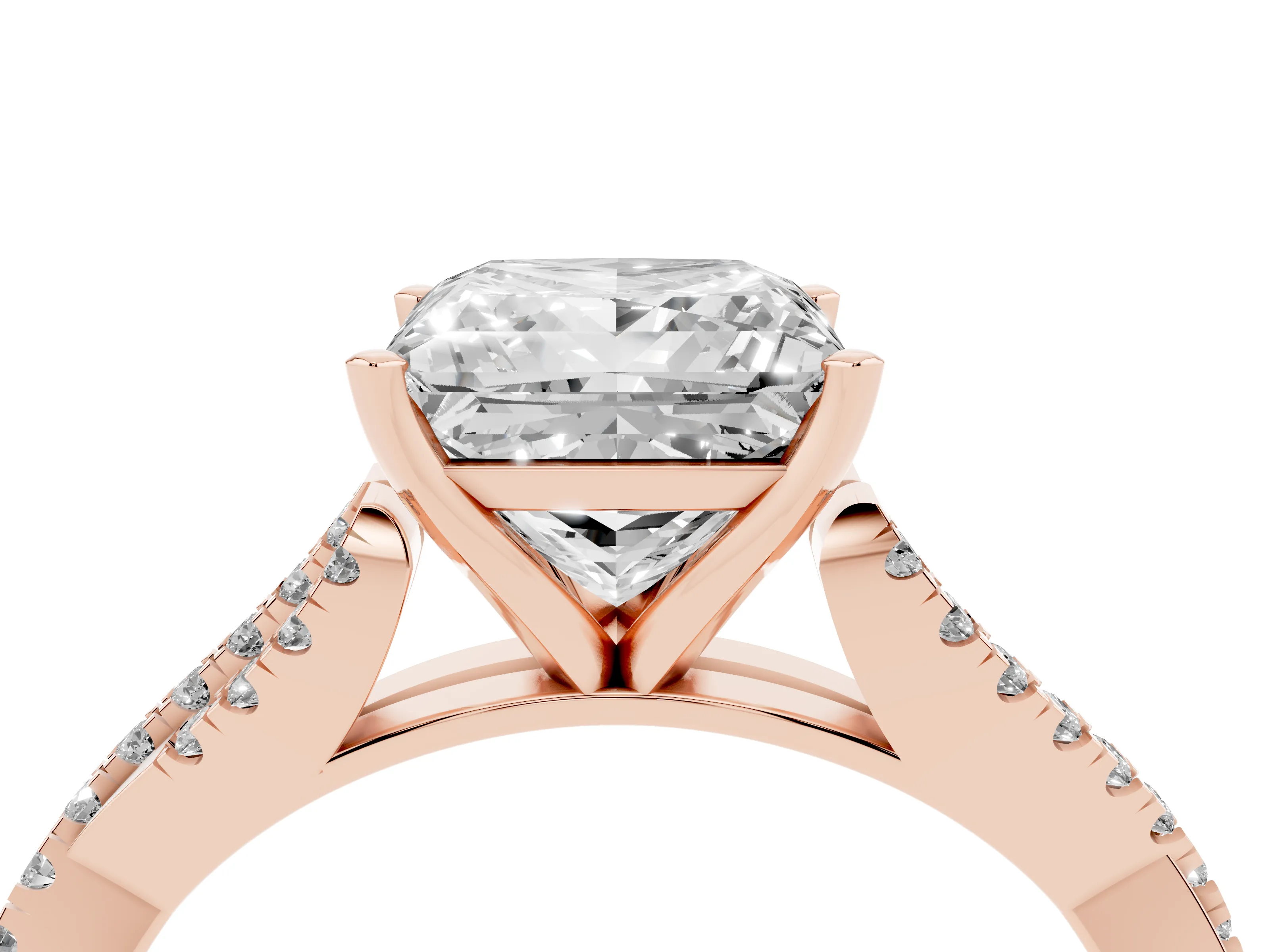 Princess Cut Diamond Solitaire Engagement Ring Set in Rose gold with Twisted Pavé Band and Prong Setting