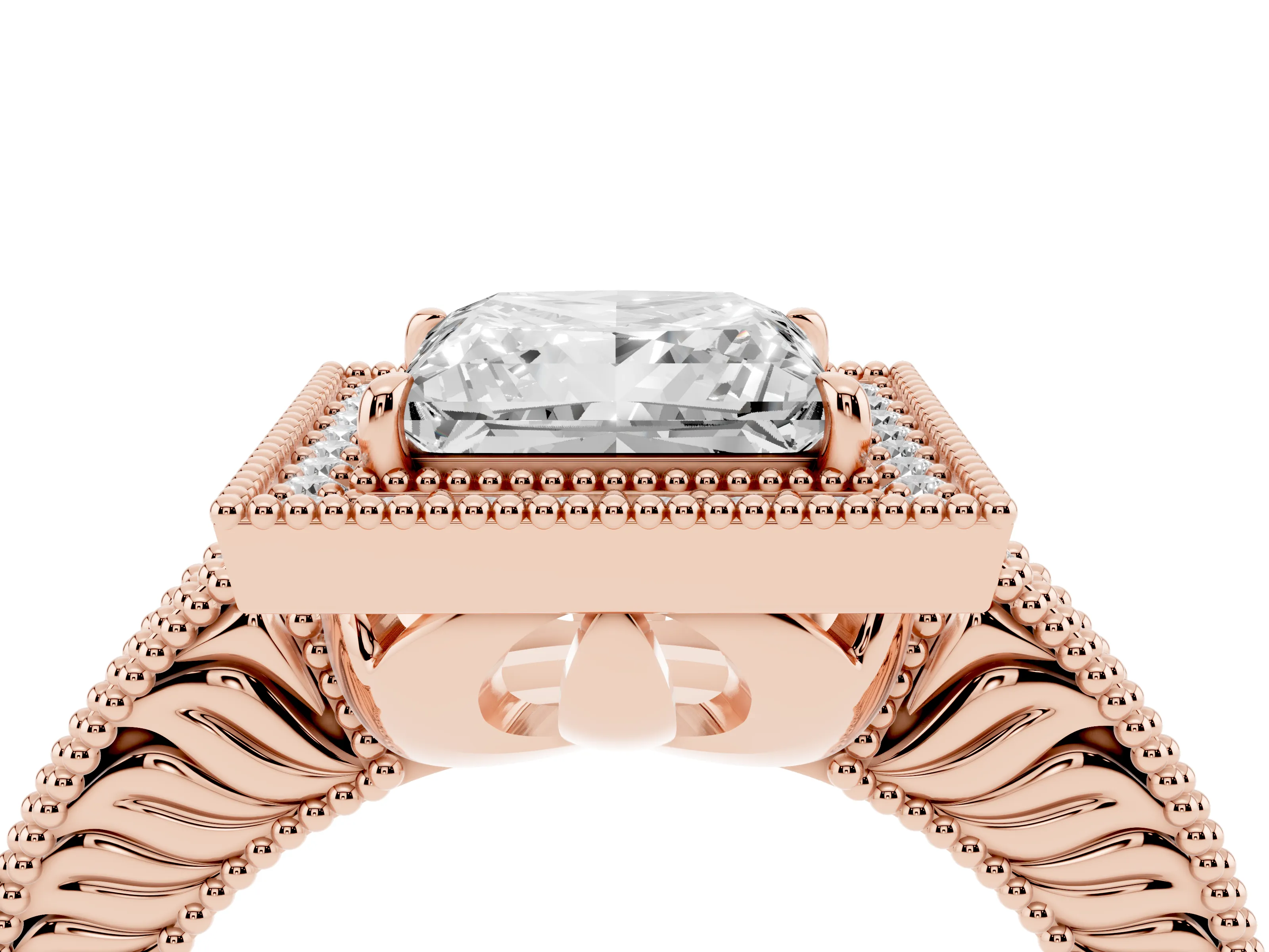 Princess Cut Diamond Halo Ring Set in Rose gold with Round Accent Halo, Pavé Band and Prong Setting