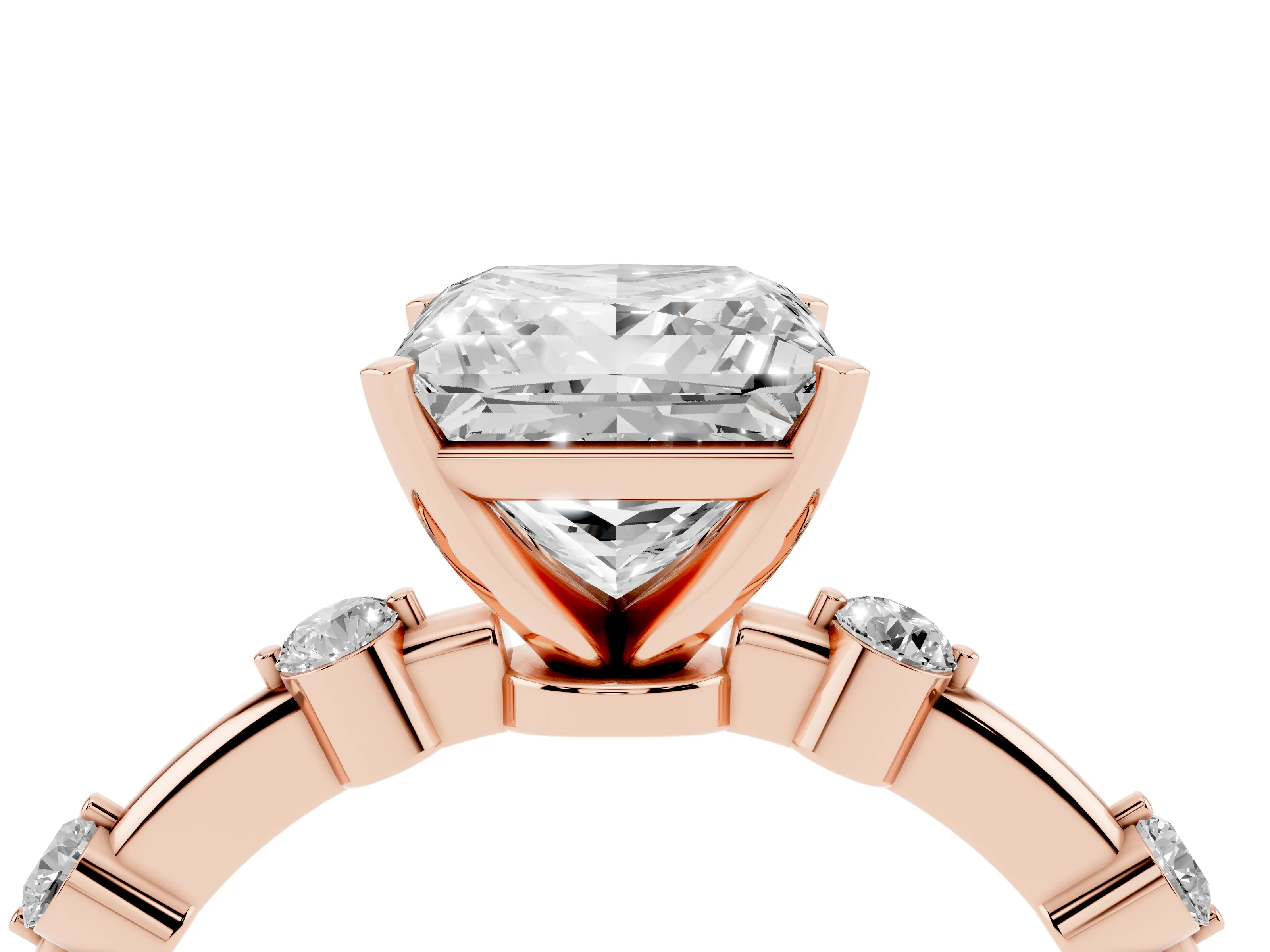 Princess Cut Diamond Solitaire Ring Set in Rose gold with Bezel Set Side Stones and Prong Setting