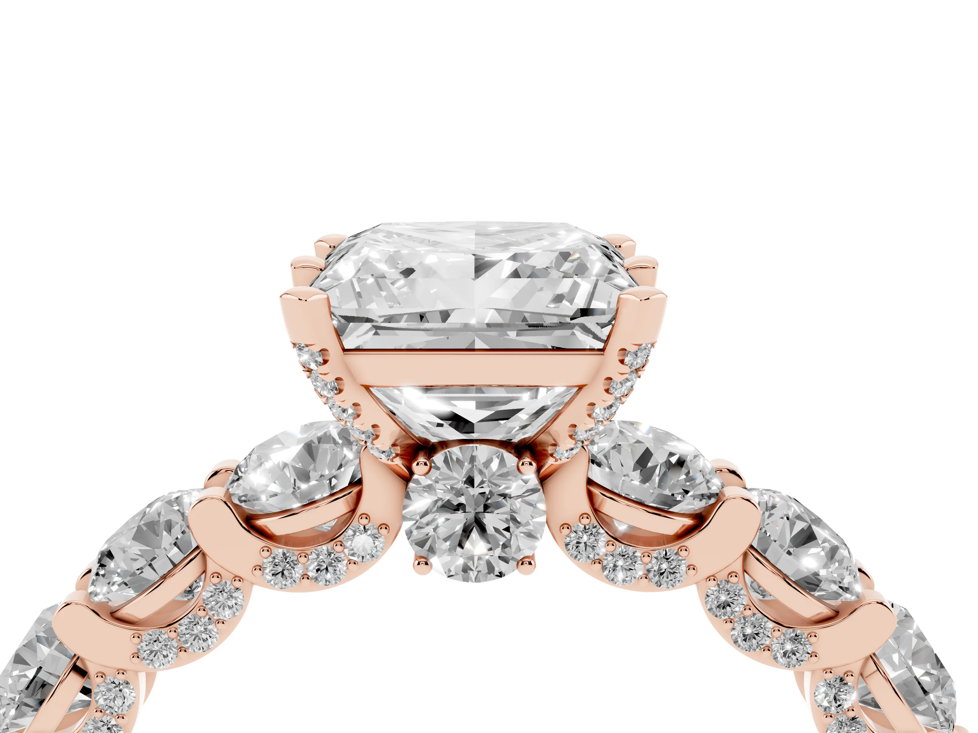 Princess Cut Diamond Side Stone Ring Set in Rose gold with Alternating Round and Oval Side Stones