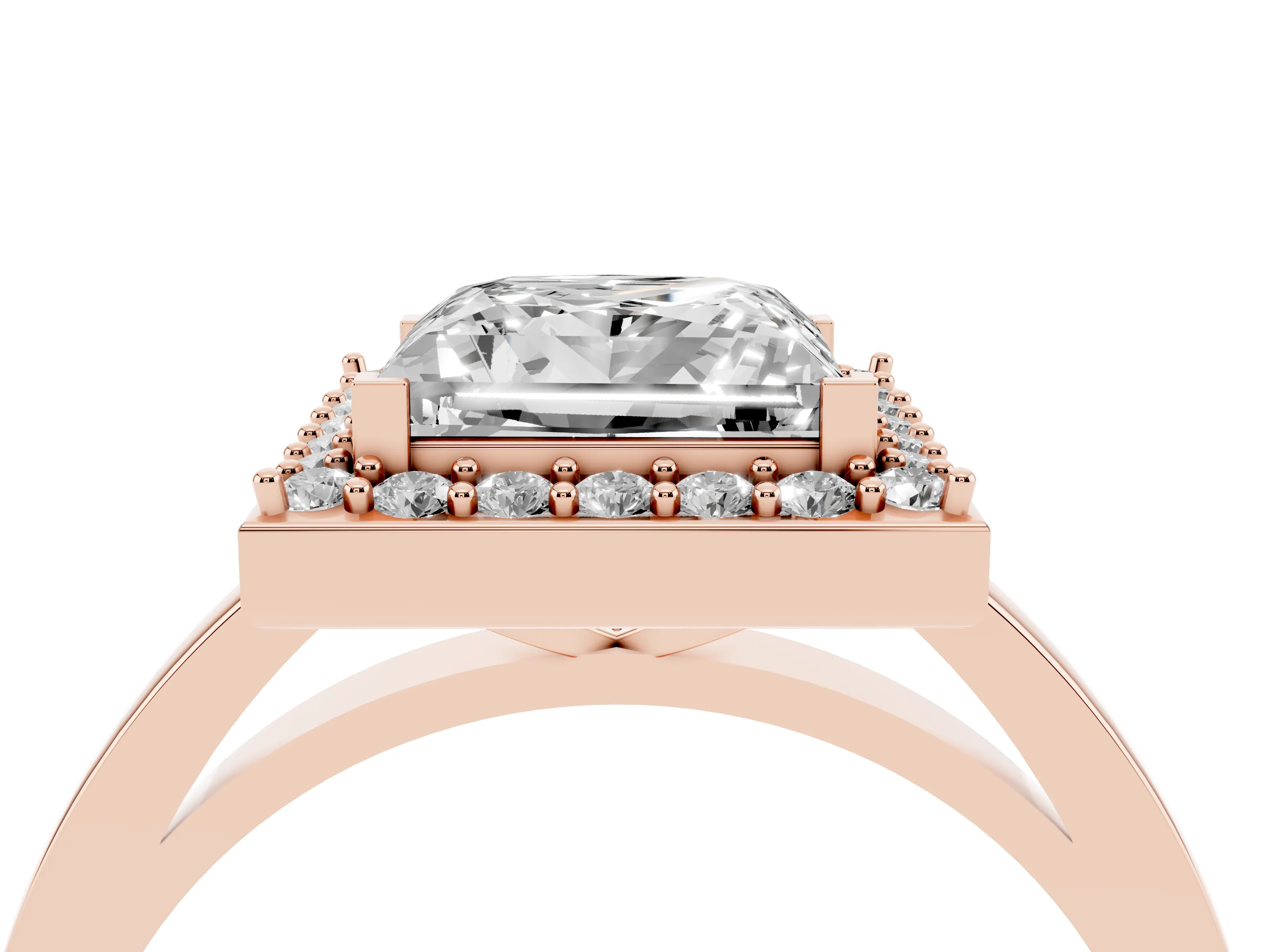 Princess Cut Diamond Halo Ring Set in Rose gold with Solitaire Band and Prong Setting