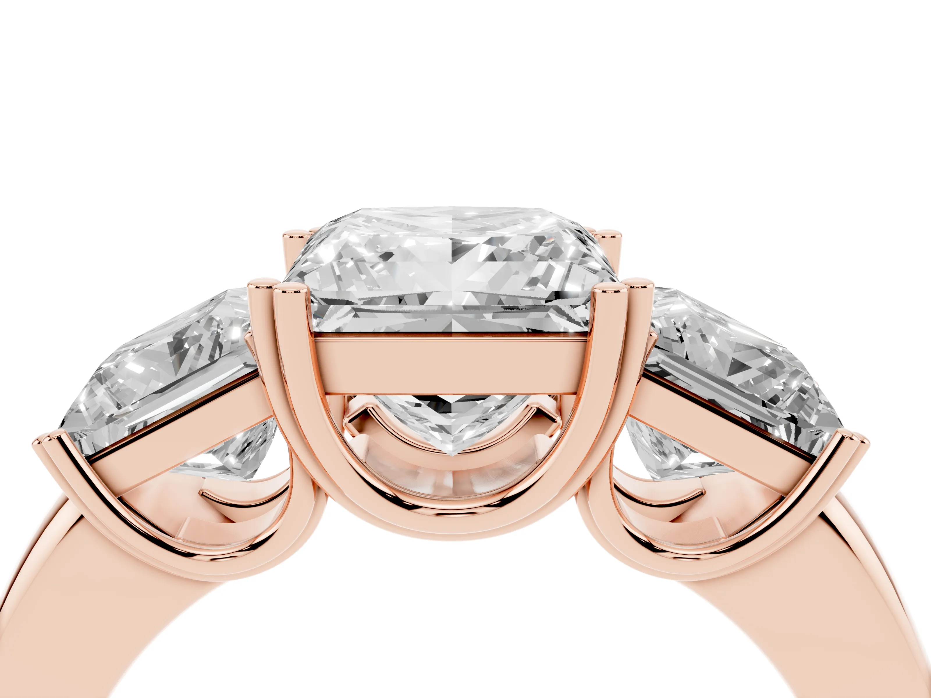 Princess Cut Diamond Three-Stone Ring Set in Rose gold with Polished Channel-Set Band