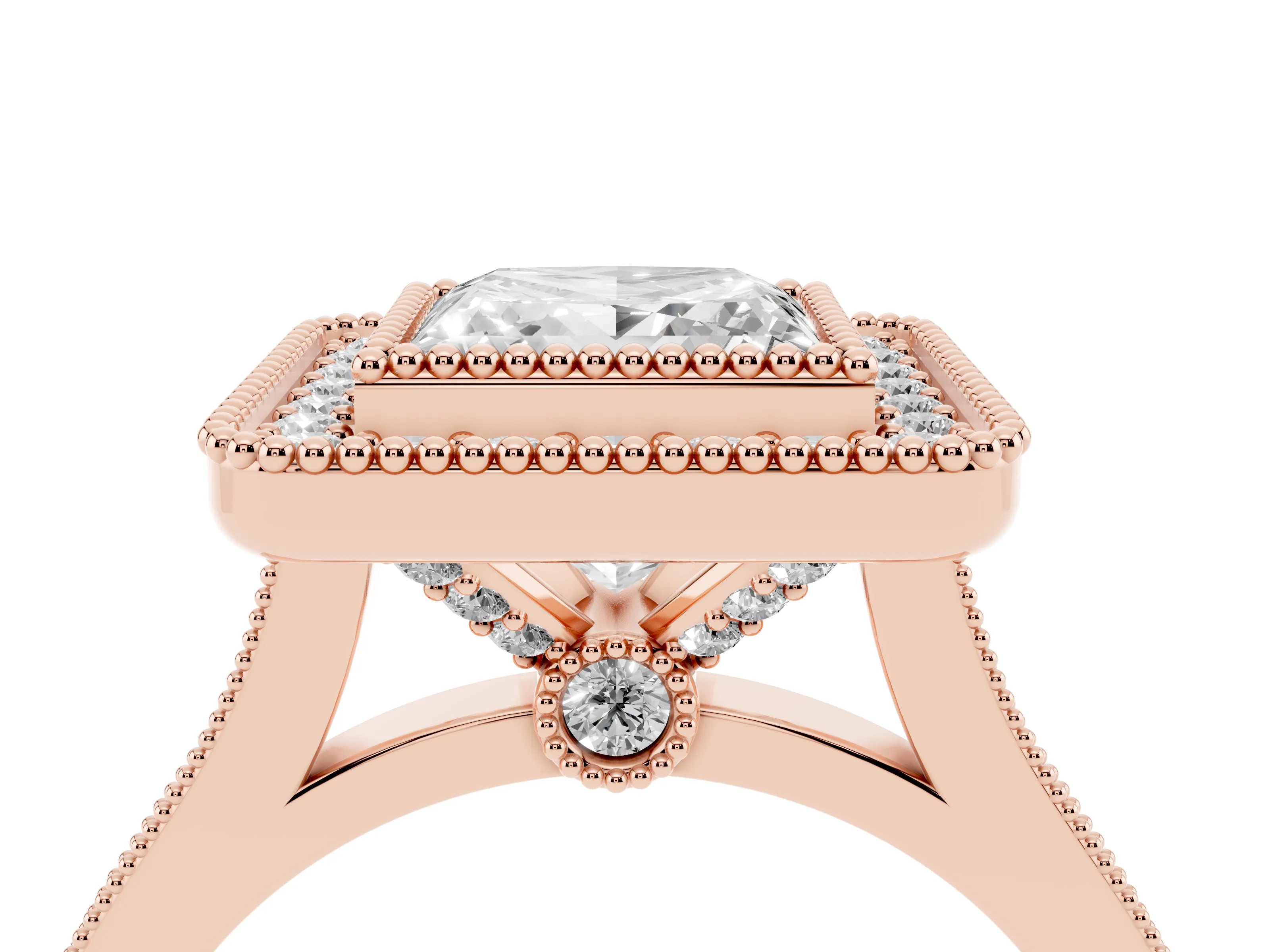 Princess Cut Diamond Halo Ring Set in Rose gold with Milgrain Frame and Pavé Band