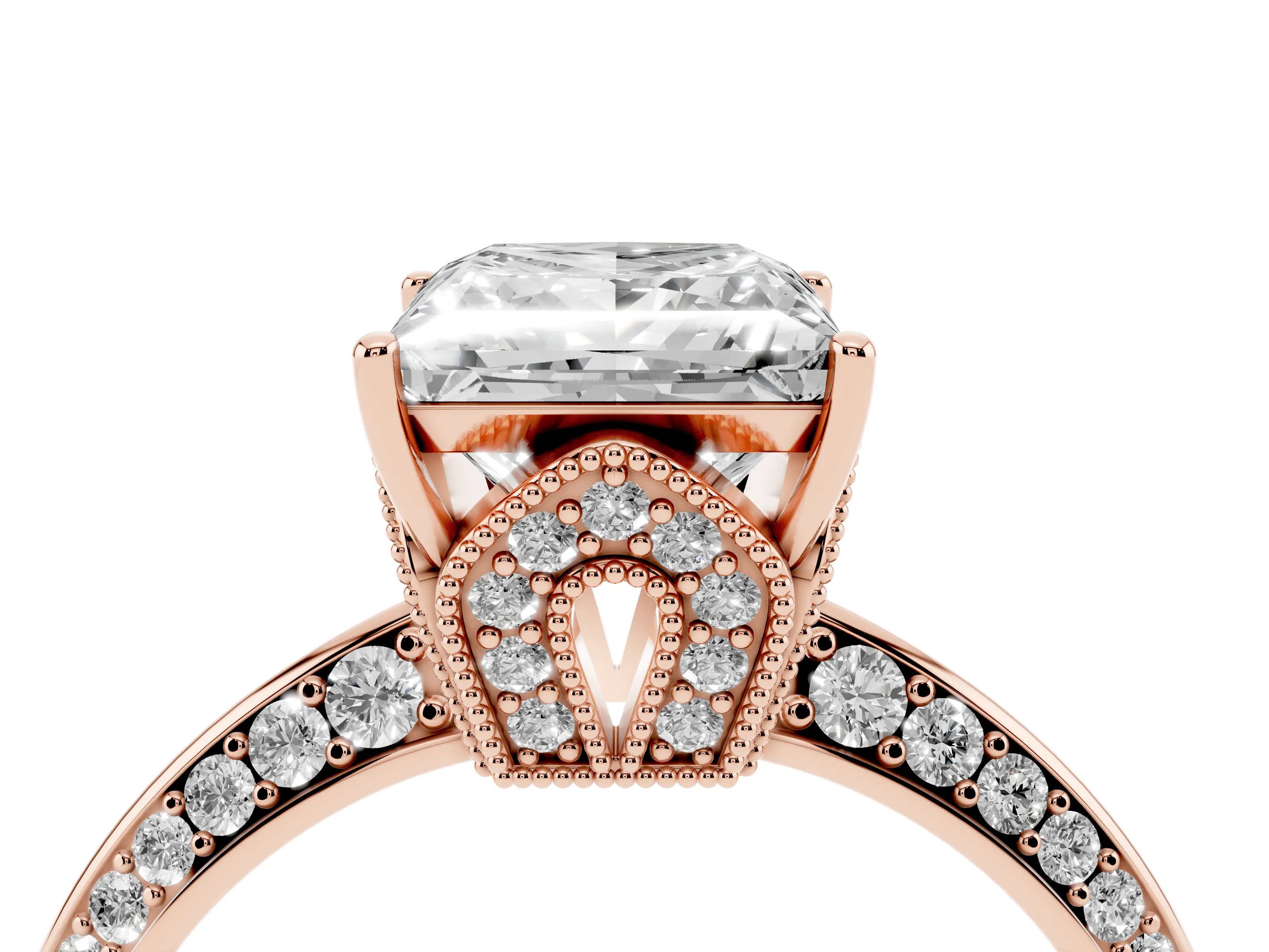 Princess Cut Diamond Solitaire Engagement Ring Set in Rose gold with Pavé Split Shank and Prong Setting