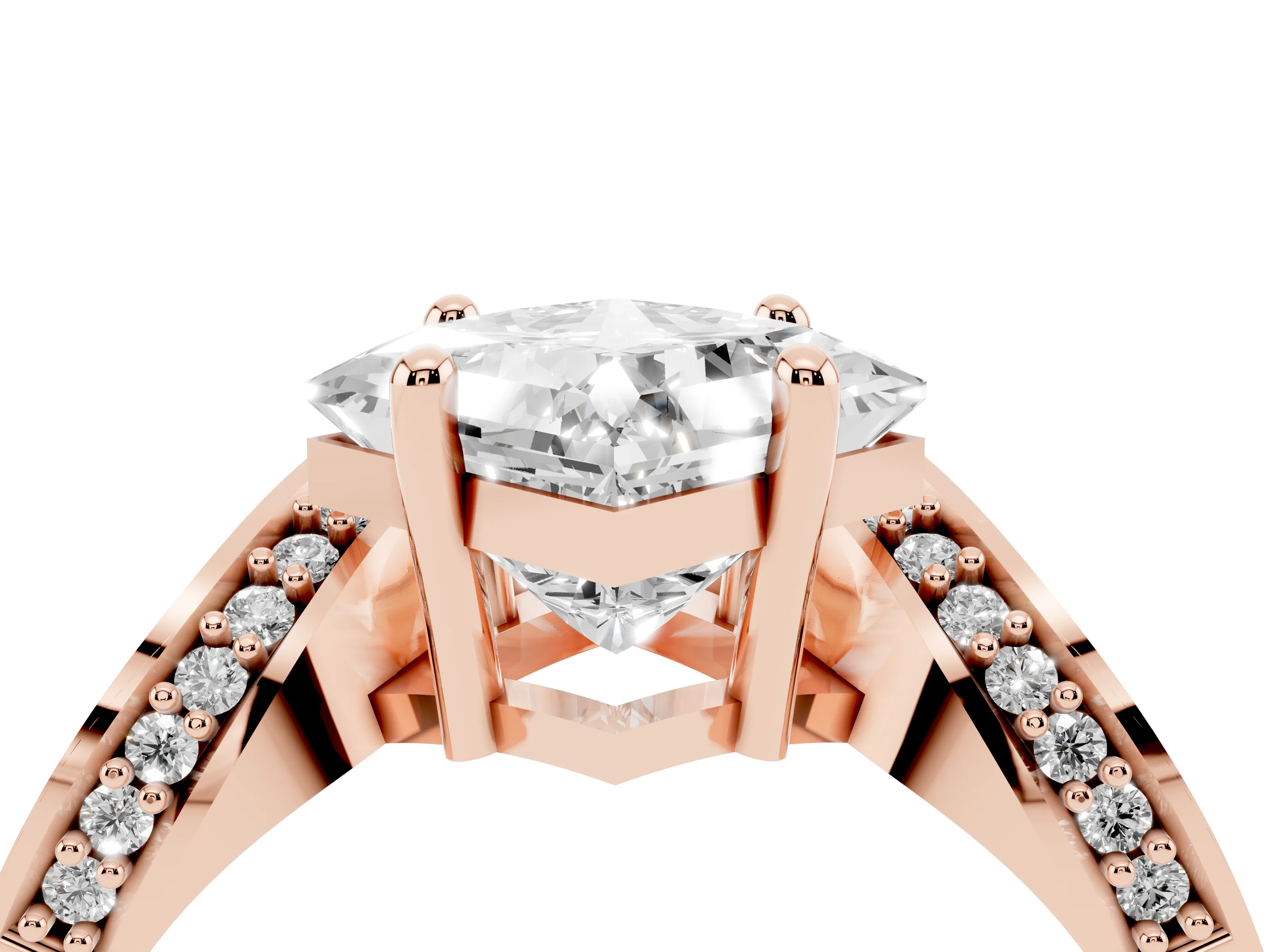 Princess Cut Diamond Solitaire Engagement Ring Set in Rose gold with Pavé Shoulders