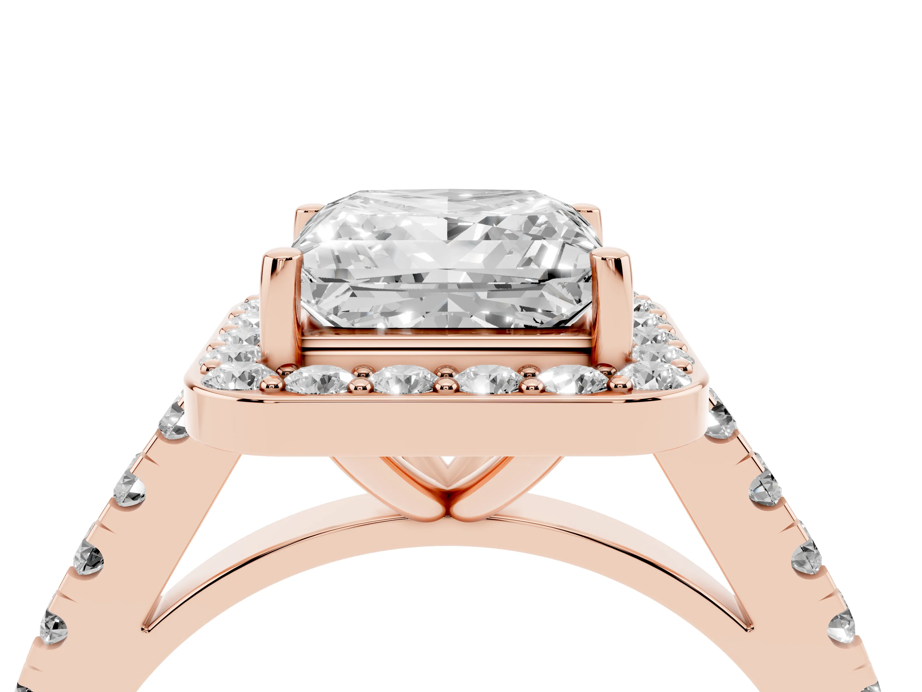 Princess Cut Diamond Halo Ring Set in Rose gold with Round Pavé Split Shank and Prong Setting