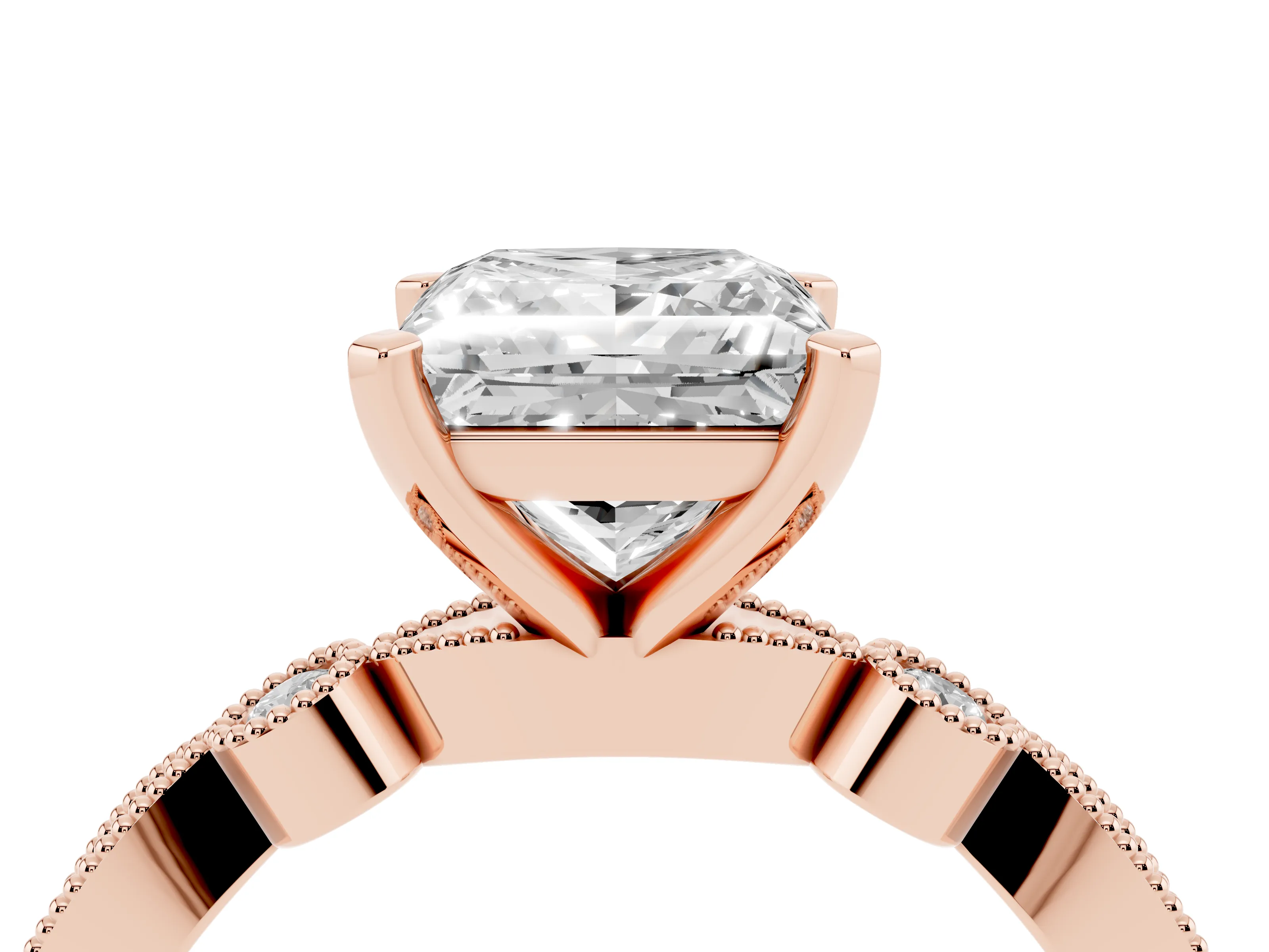 Princess Cut Diamond Solitaire Engagement Ring Set in Rose gold with Milgrain Bezel Accent Band